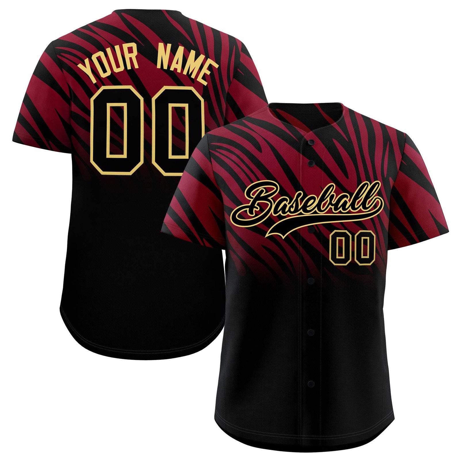 Custom Crimson Black Tiger Stripe Gradient Animal Print Personalized Team Shirt Baseball Jersey