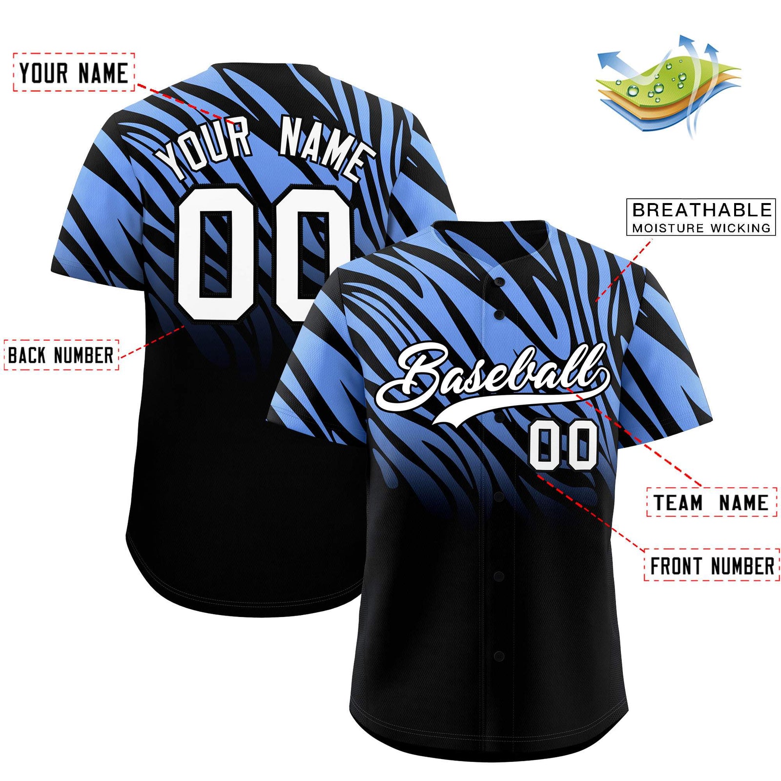 Custom Light Blue Black Tiger Stripe Gradient Animal Print Personalized Team Shirt Baseball Jersey