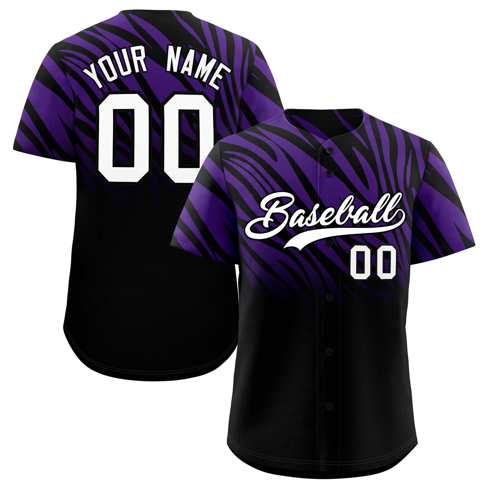 Custom Purple Black Tiger Stripe Gradient Animal Print Personalized Team Shirt Baseball Jersey