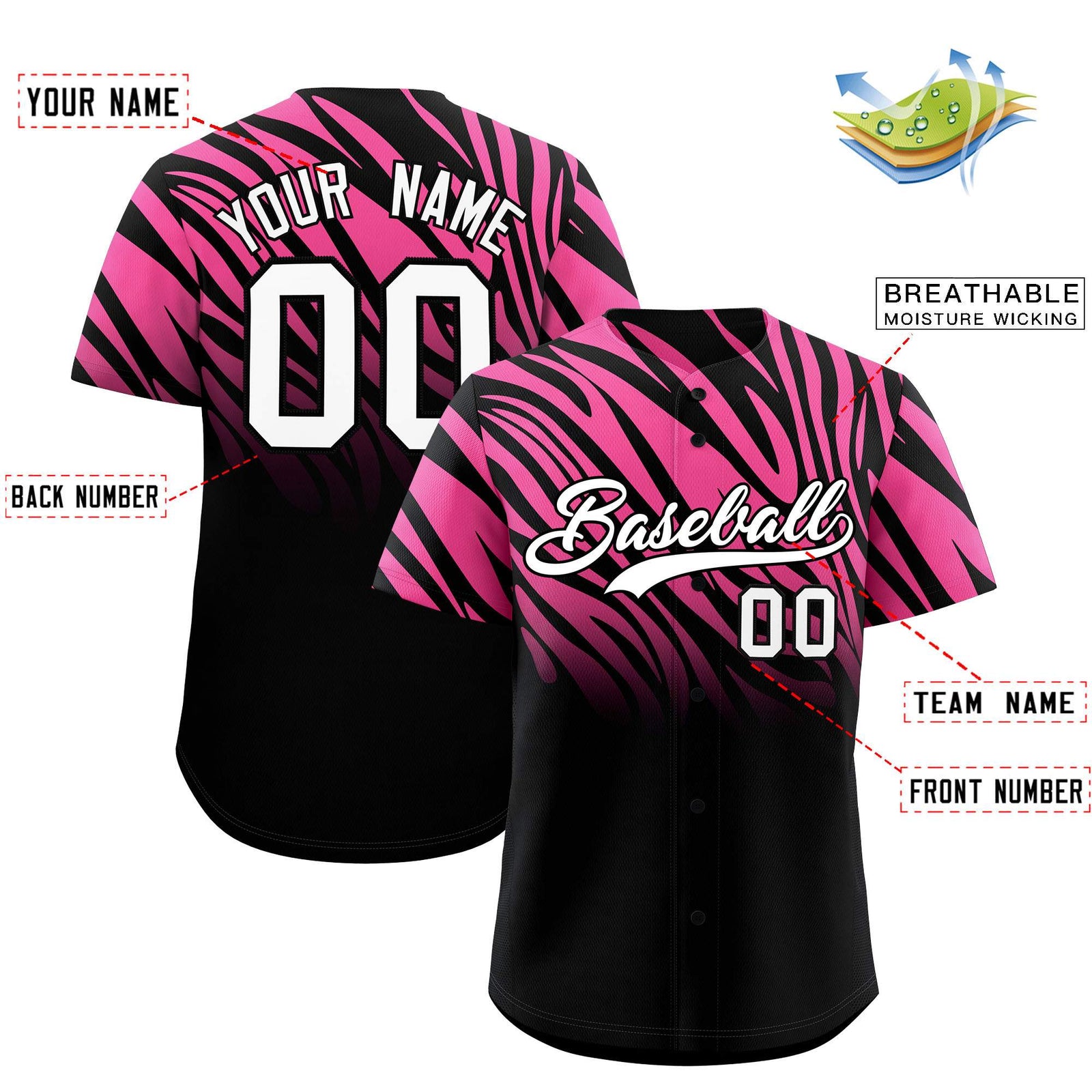 Custom Pink Black Tiger Stripe Gradient Animal Print Personalized Team Shirt Baseball Jersey