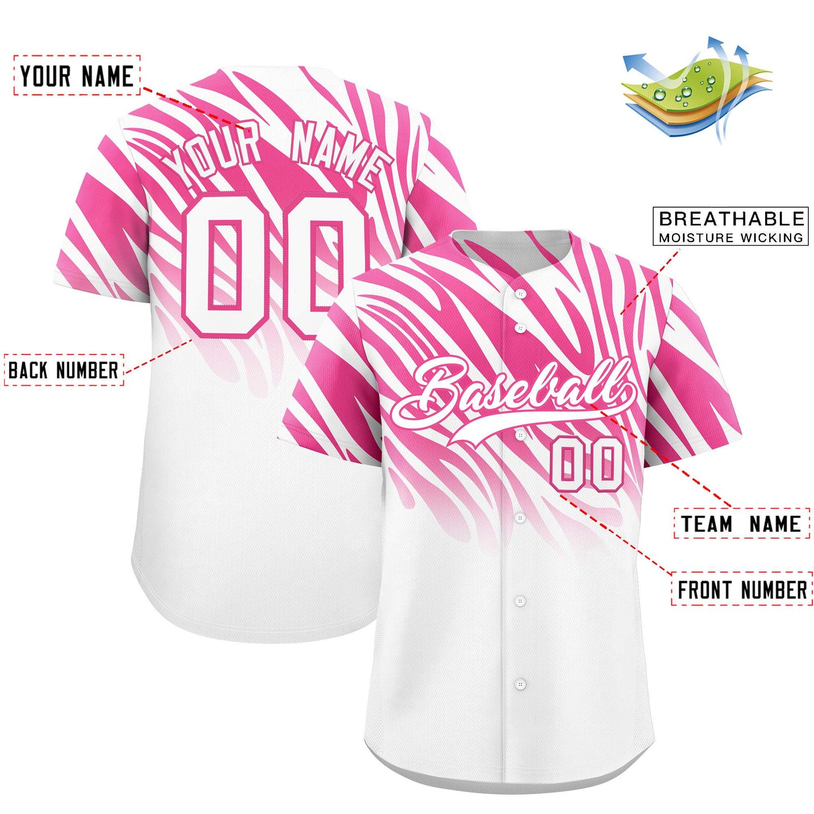 Custom Pink White Tiger Stripe Gradient Animal Print Personalized Team Shirt Baseball Jersey
