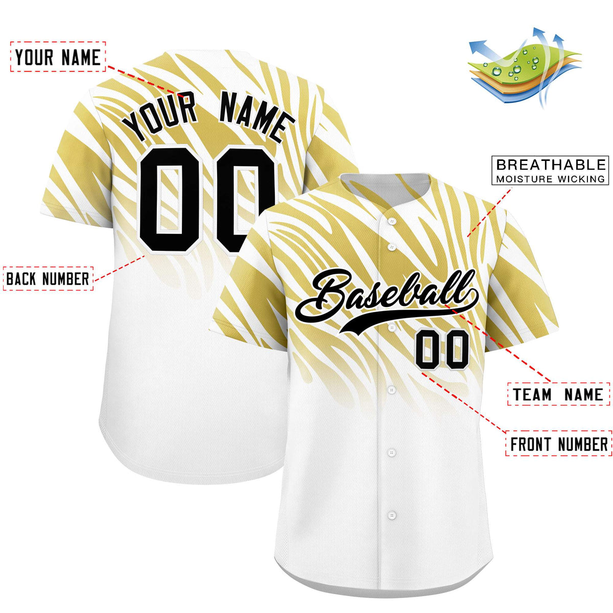 Custom Old Gold White Tiger Stripe Gradient Animal Print Personalized Team Shirt Baseball Jersey
