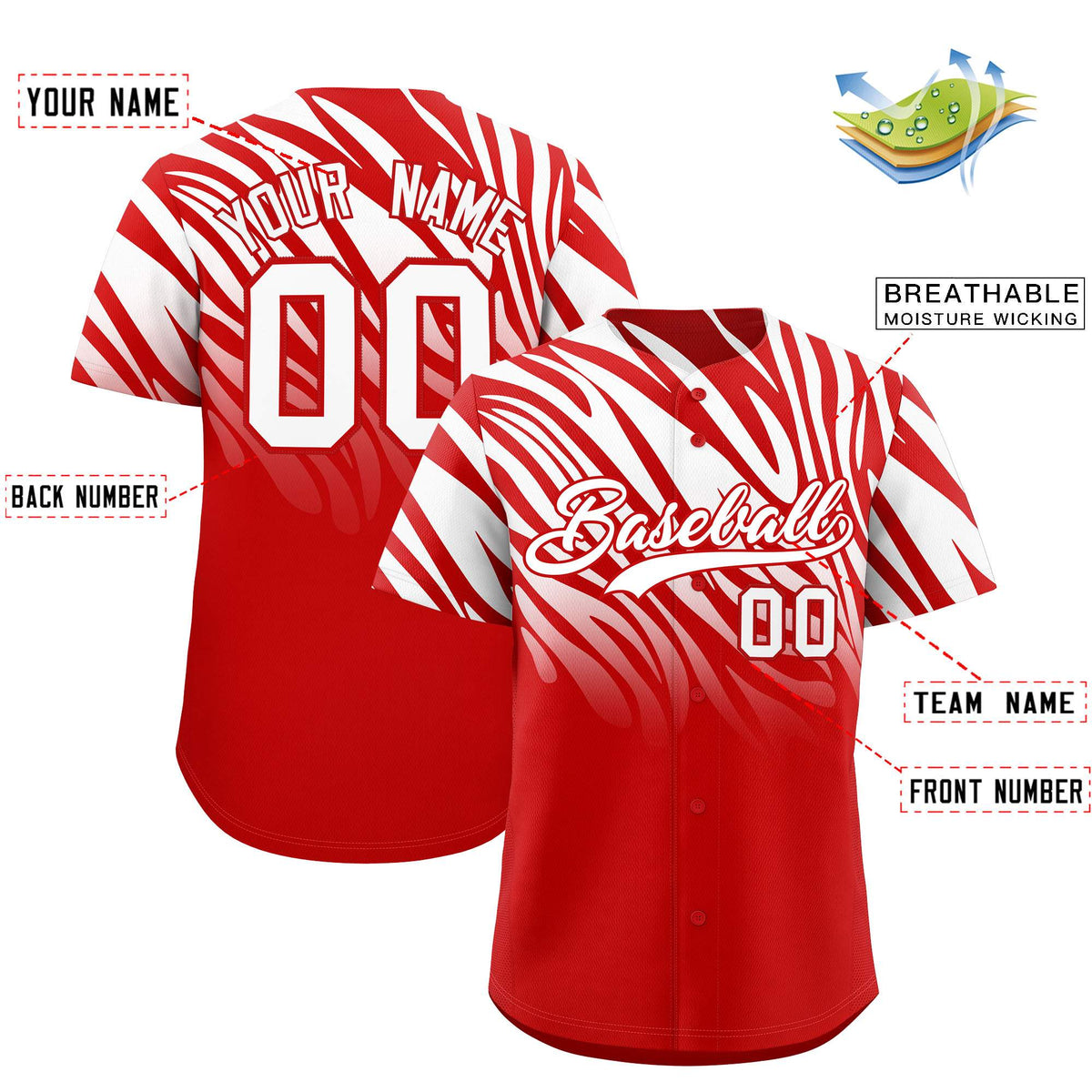 Custom Red White Tiger Stripe Gradient Animal Print Personalized Team Shirt Baseball Jersey