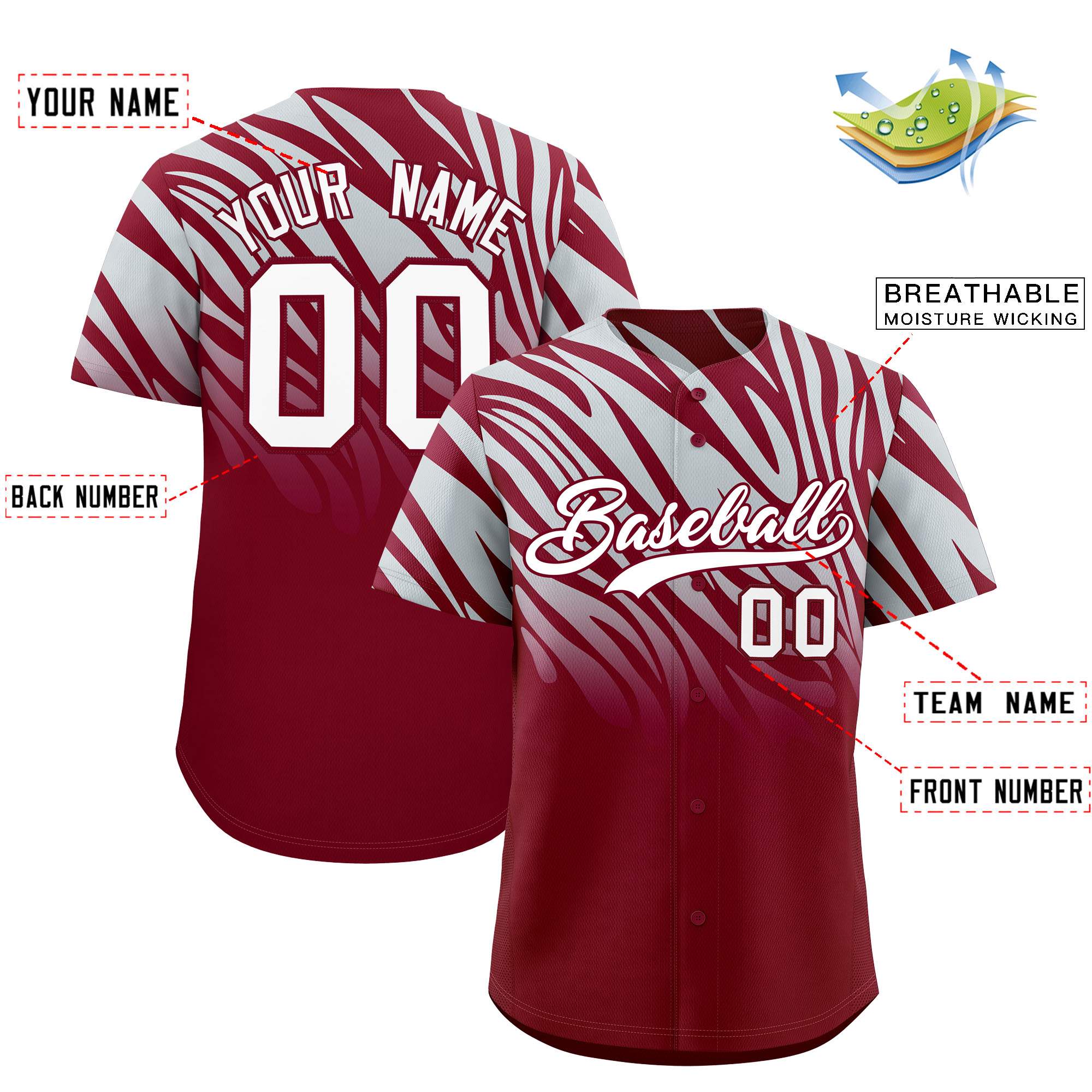 Custom Crimson Silver Tiger Stripe Gradient Animal Print Personalized Team Shirt Baseball Jersey