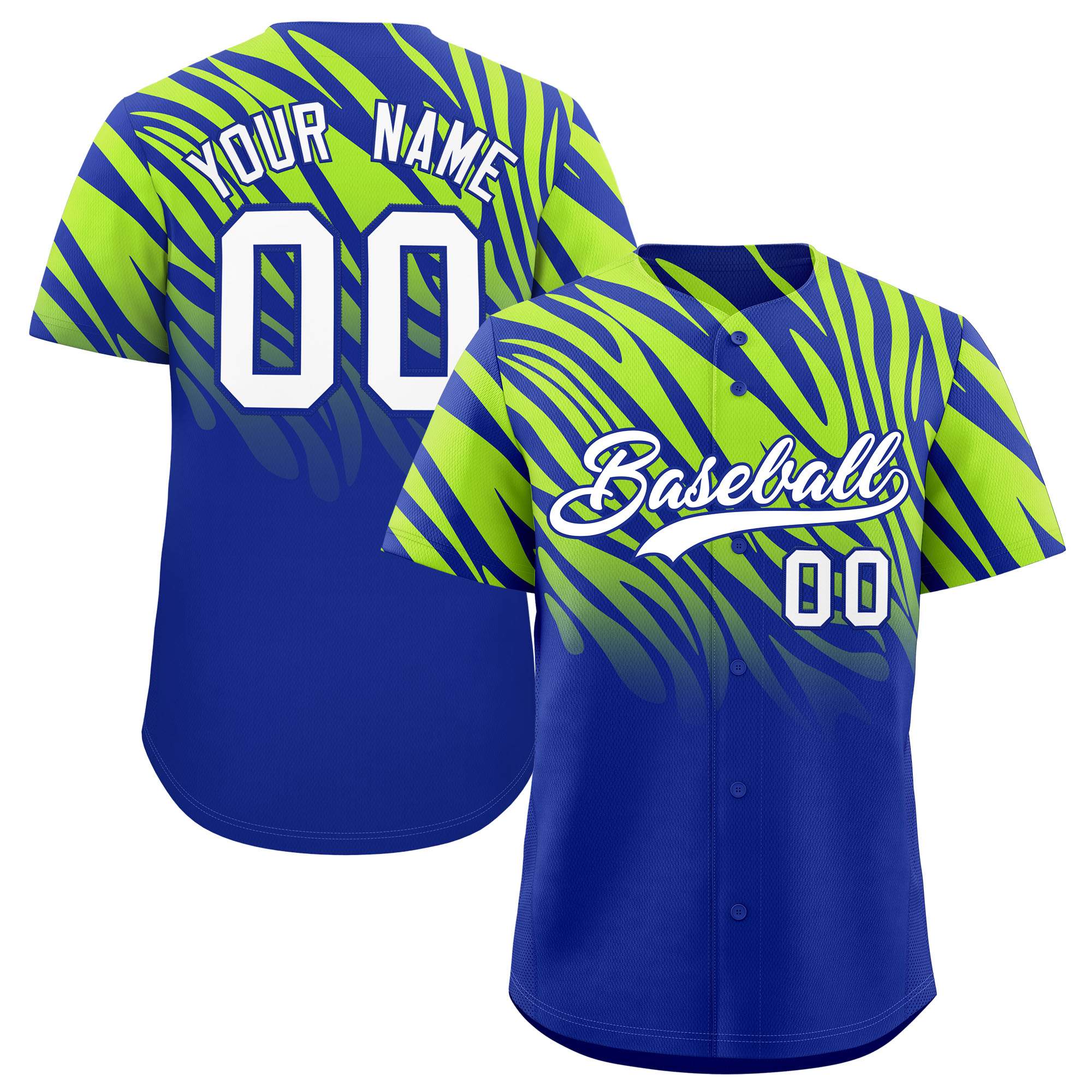 Custom Royal Neon Green Tiger Stripe Gradient Animal Print Personalized Team Shirt Baseball Jersey