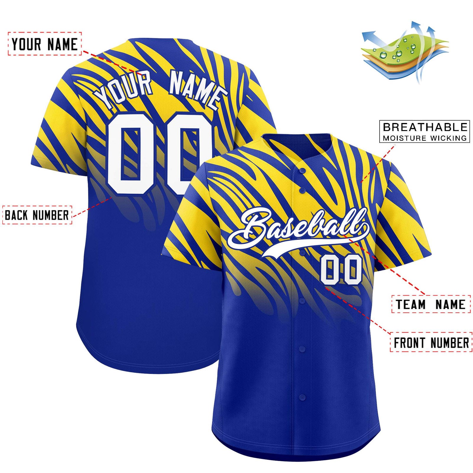 Custom Royal Gold Tiger Stripe Gradient Animal Print Personalized Team Shirt Baseball Jersey