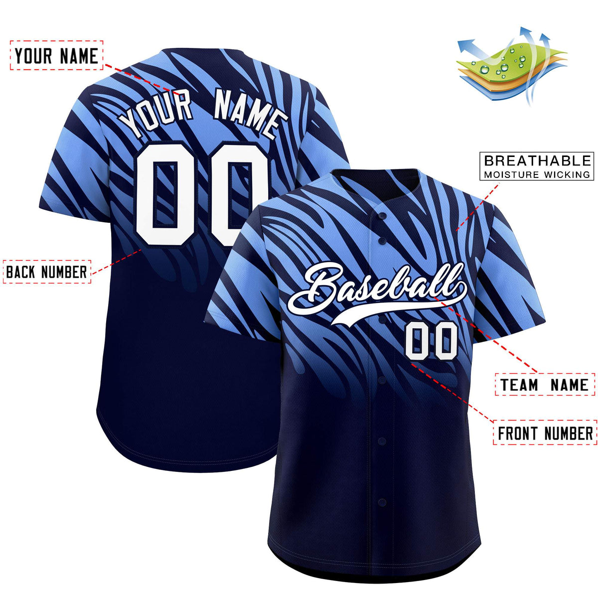 Custom Navy Light Blue Tiger Stripe Gradient Animal Print Personalized Team Shirt Baseball Jersey