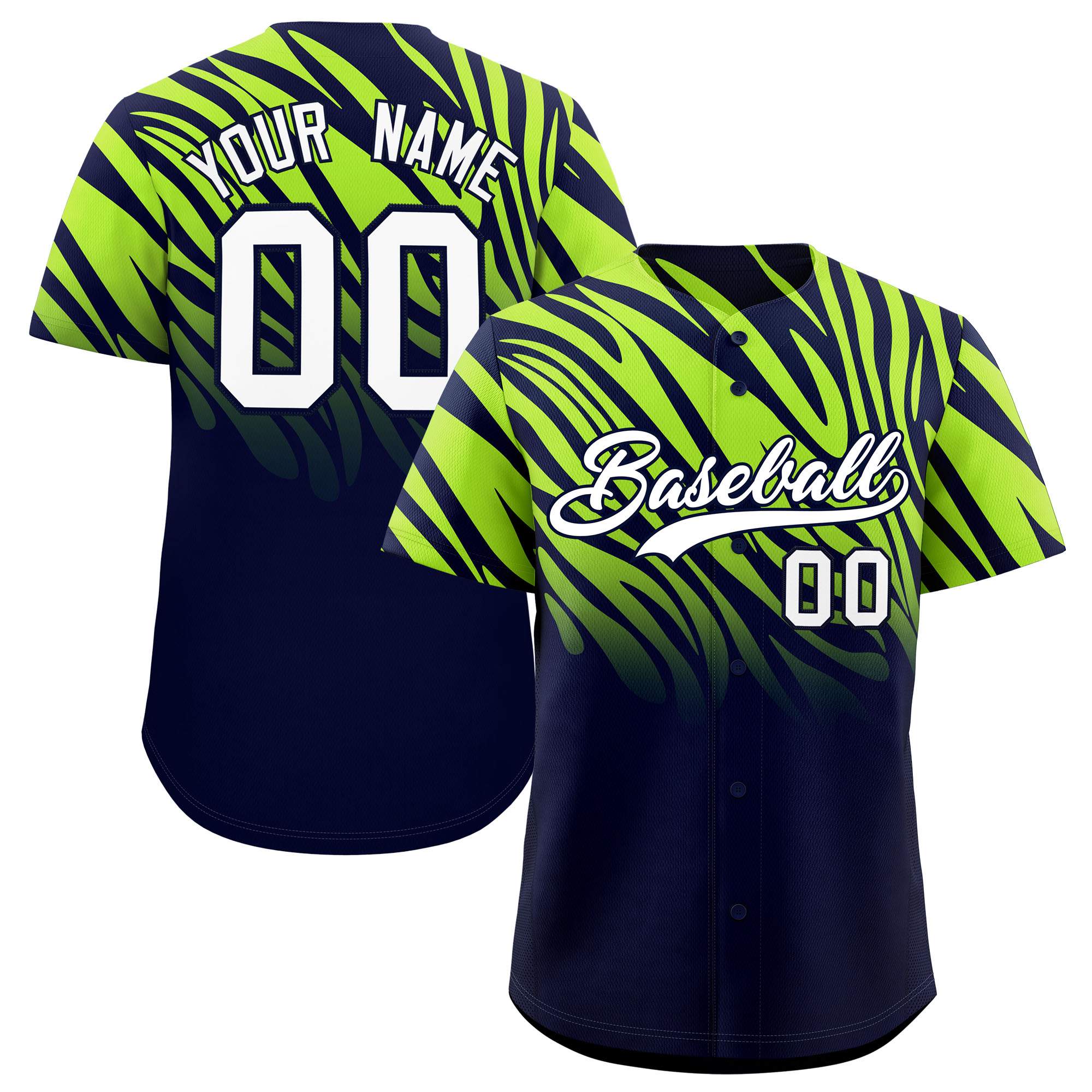 Custom Navy Neon Green Tiger Stripe Gradient Animal Print Personalized Team Shirt Baseball Jersey