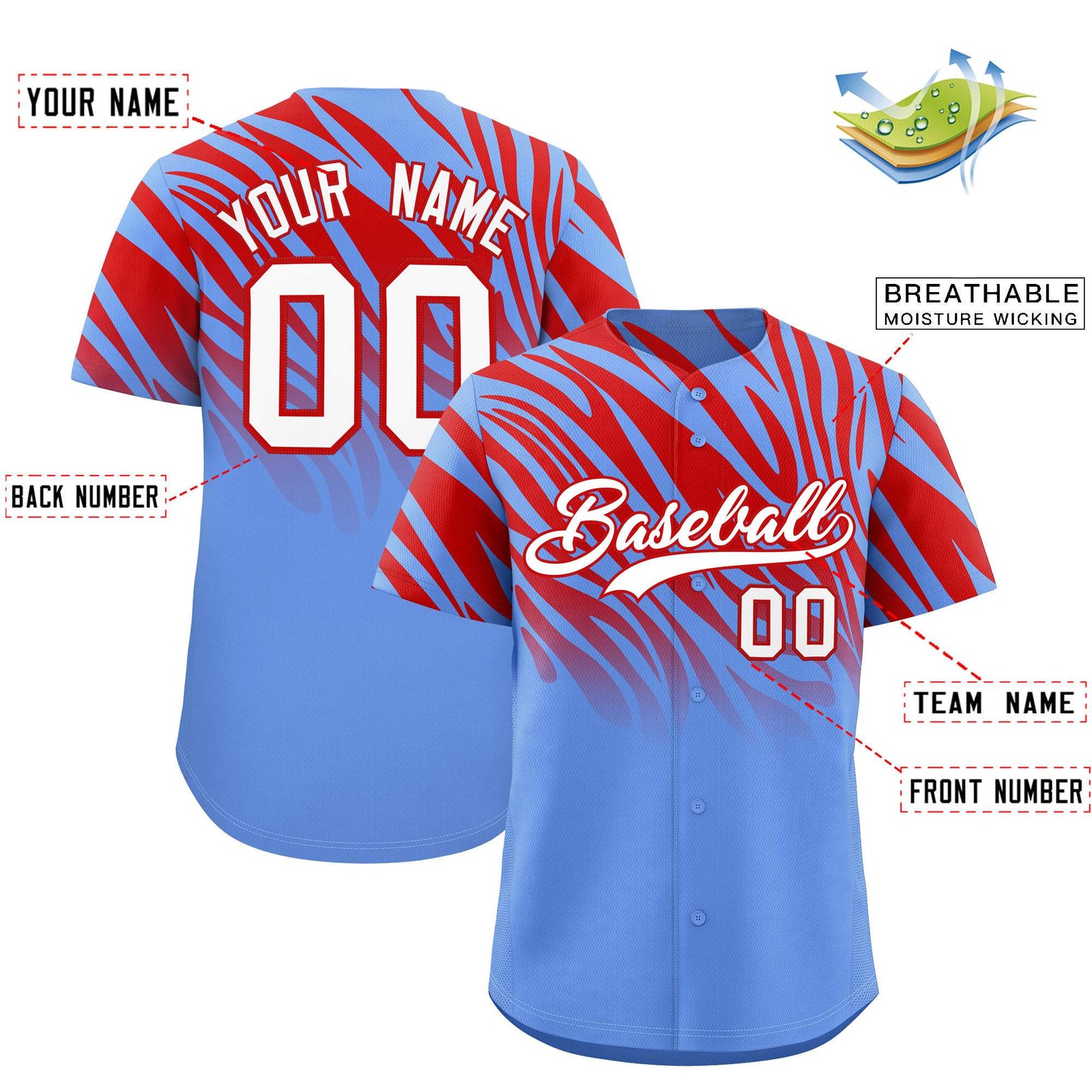 Custom Red Light Blue Tiger Stripe Gradient Animal Print Personalized Team Shirt Baseball Jersey