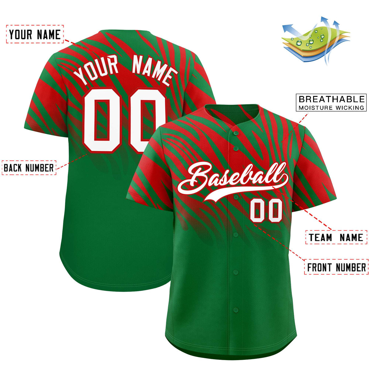 Custom Kelly Green Red Tiger Stripe Gradient Animal Print Personalized Team Shirt Baseball Jersey