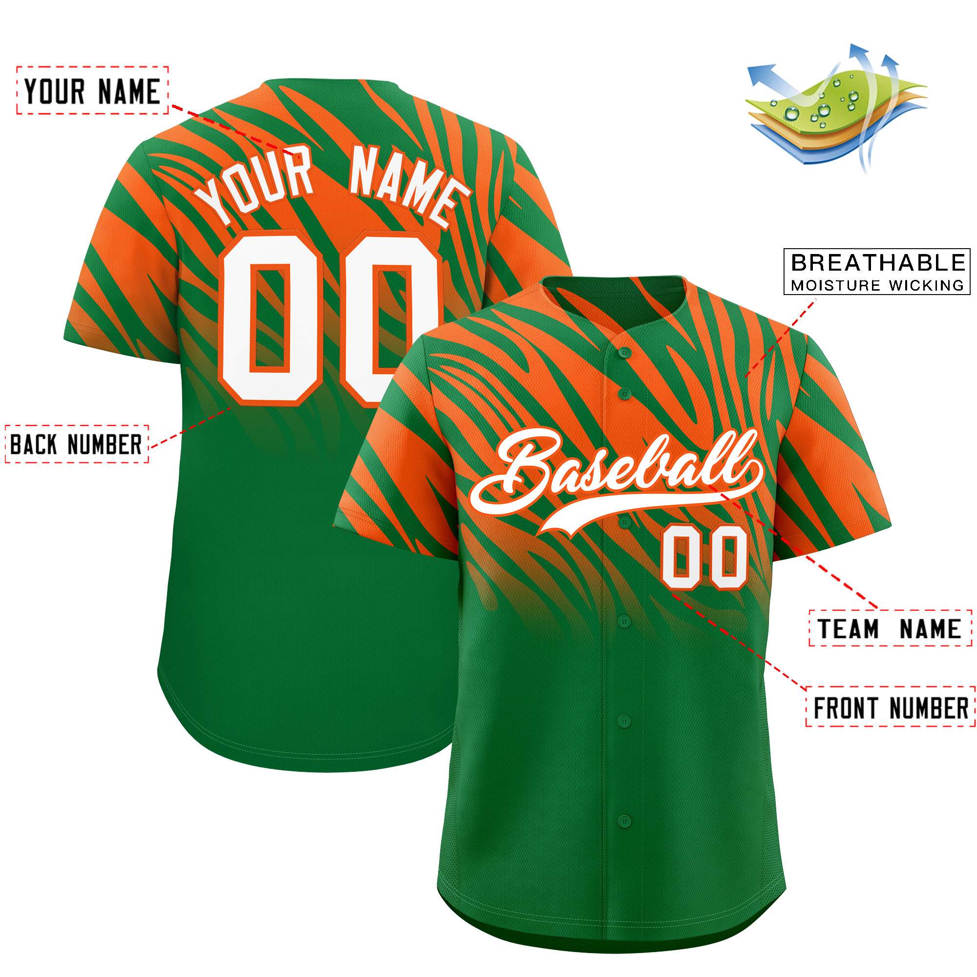 Custom Kelly Green Orange Tiger Stripe Gradient Animal Print Personalized Team Shirt Baseball Jersey
