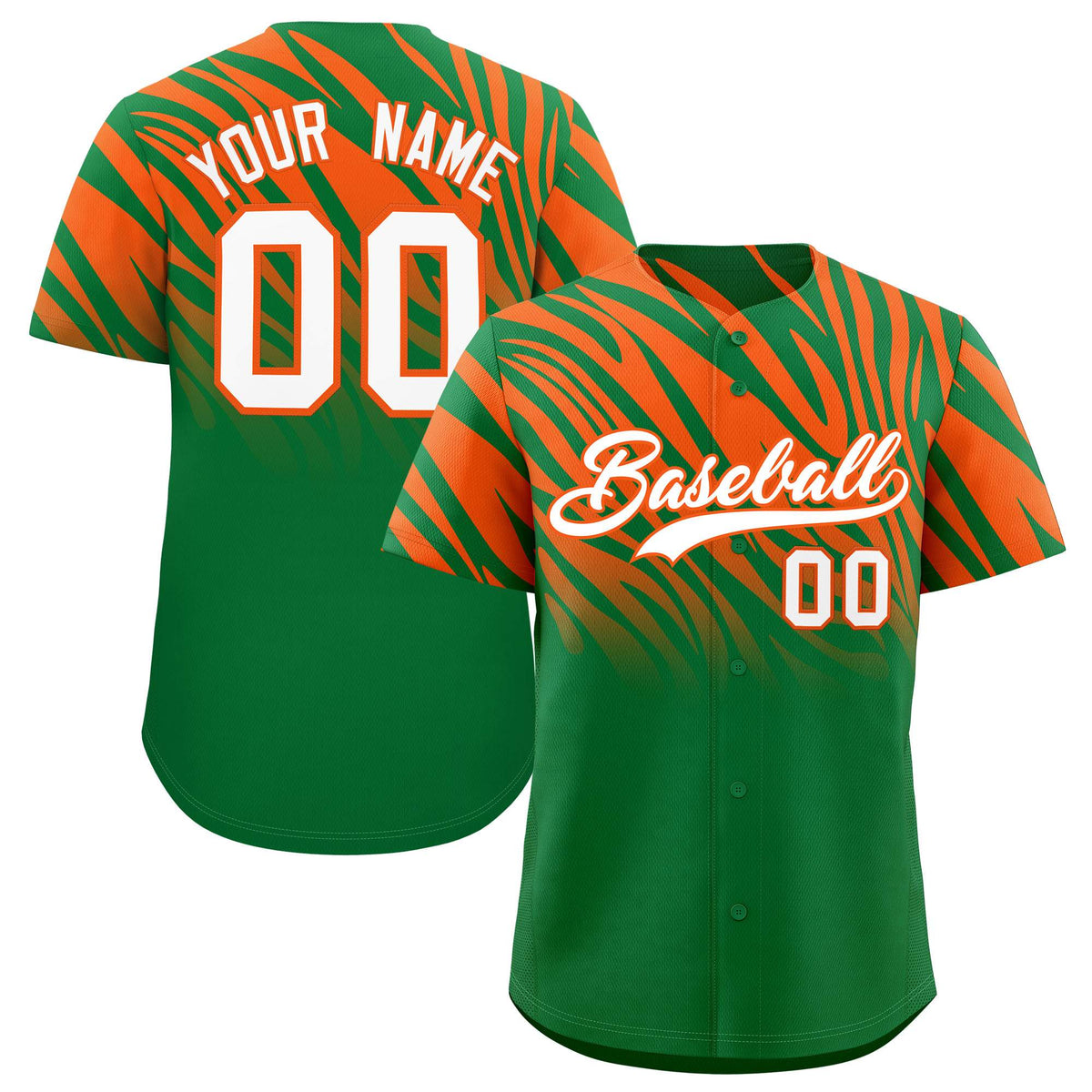Custom Kelly Green Orange Tiger Stripe Gradient Animal Print Personalized Team Shirt Baseball Jersey