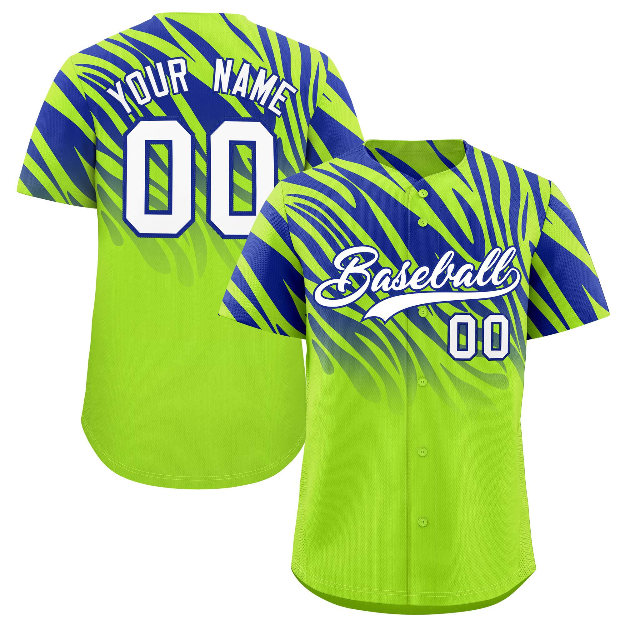 Custom Neon Green Royal Tiger Stripe Gradient Animal Print Personalized Team Shirt Baseball Jersey