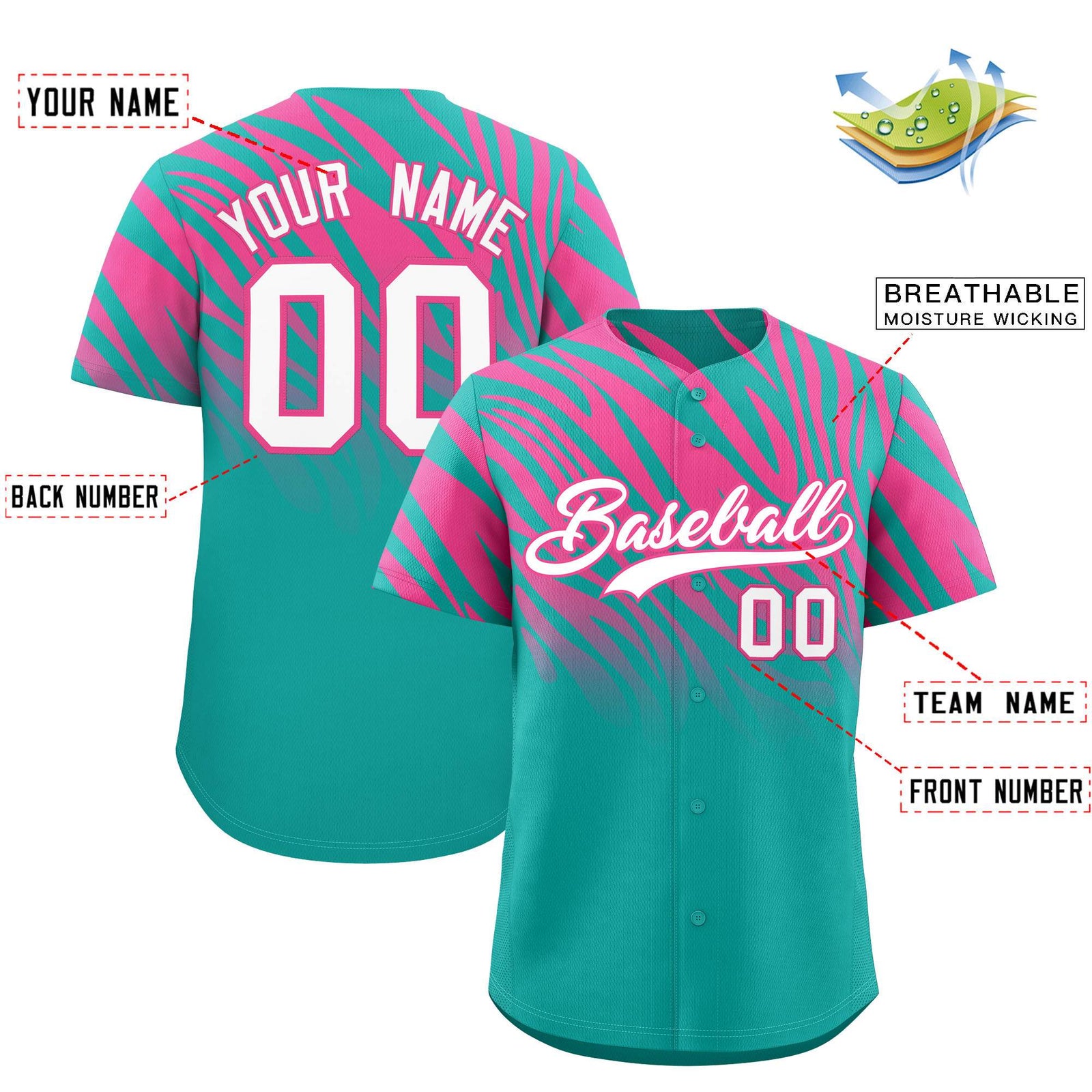 Custom Aqua Pink Tiger Stripe Gradient Animal Print Personalized Team Shirt Baseball Jersey