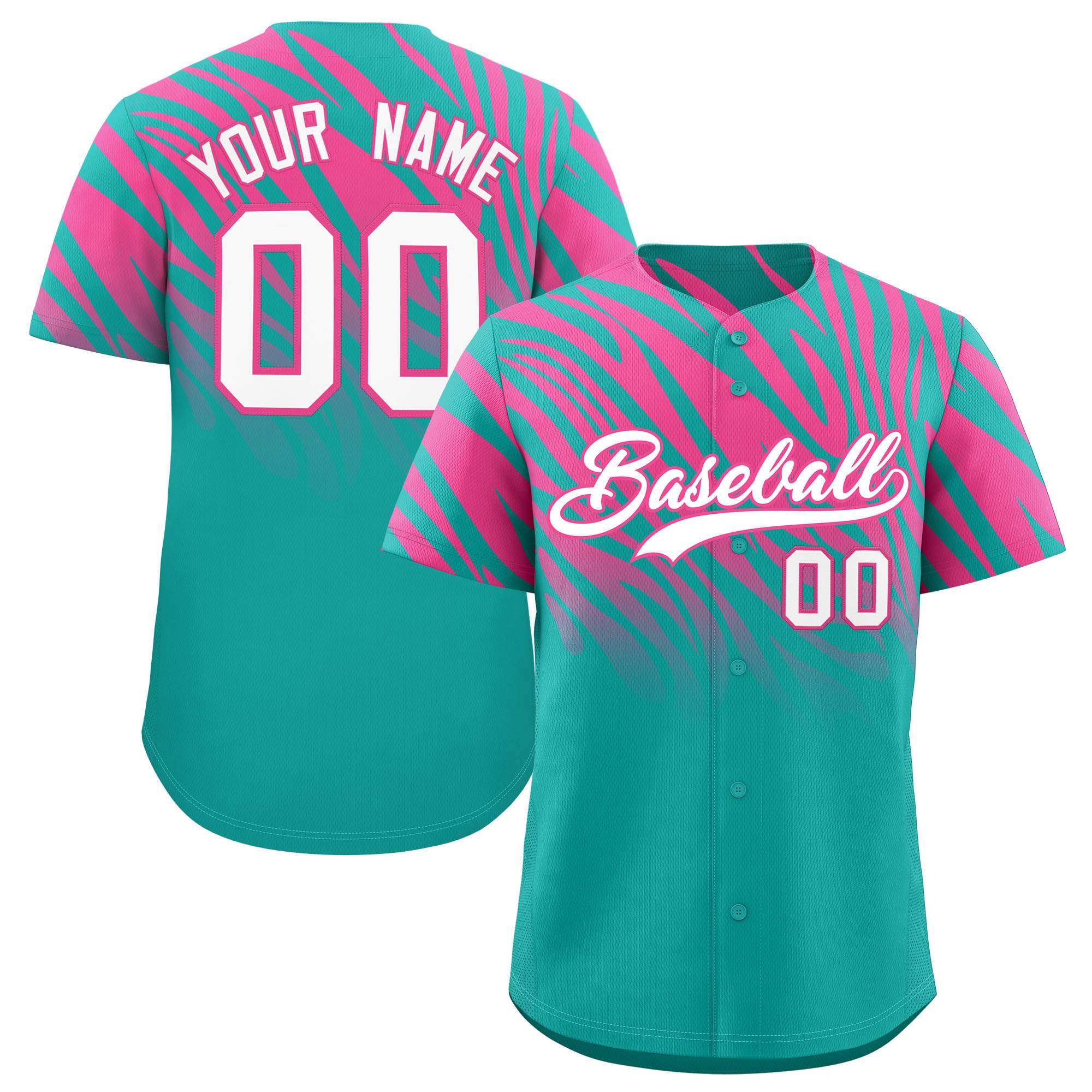 Custom Aqua Pink Tiger Stripe Gradient Animal Print Personalized Team Shirt Baseball Jersey