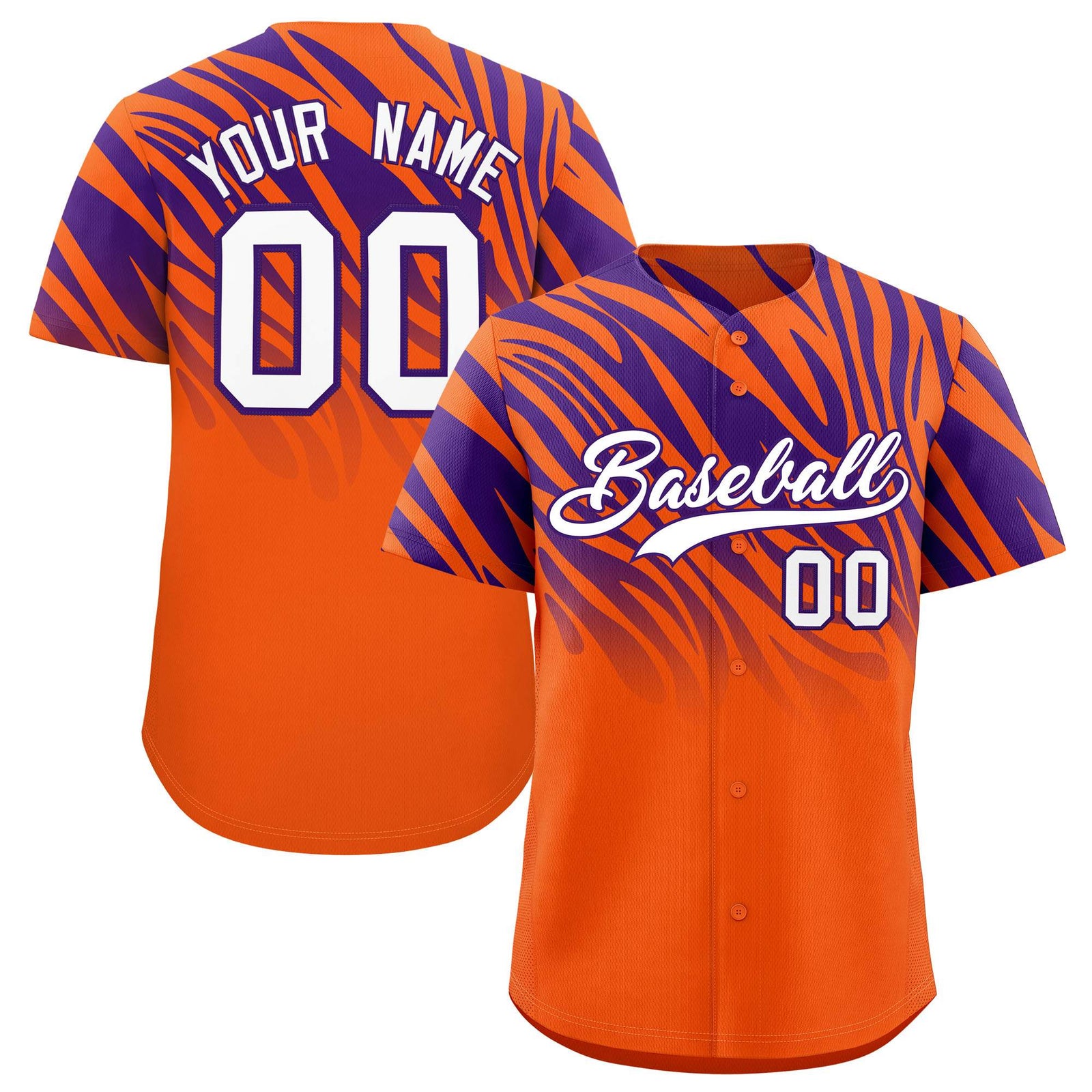 Custom Purple Orange Tiger Stripe Gradient Animal Print Personalized Team Shirt Baseball Jersey
