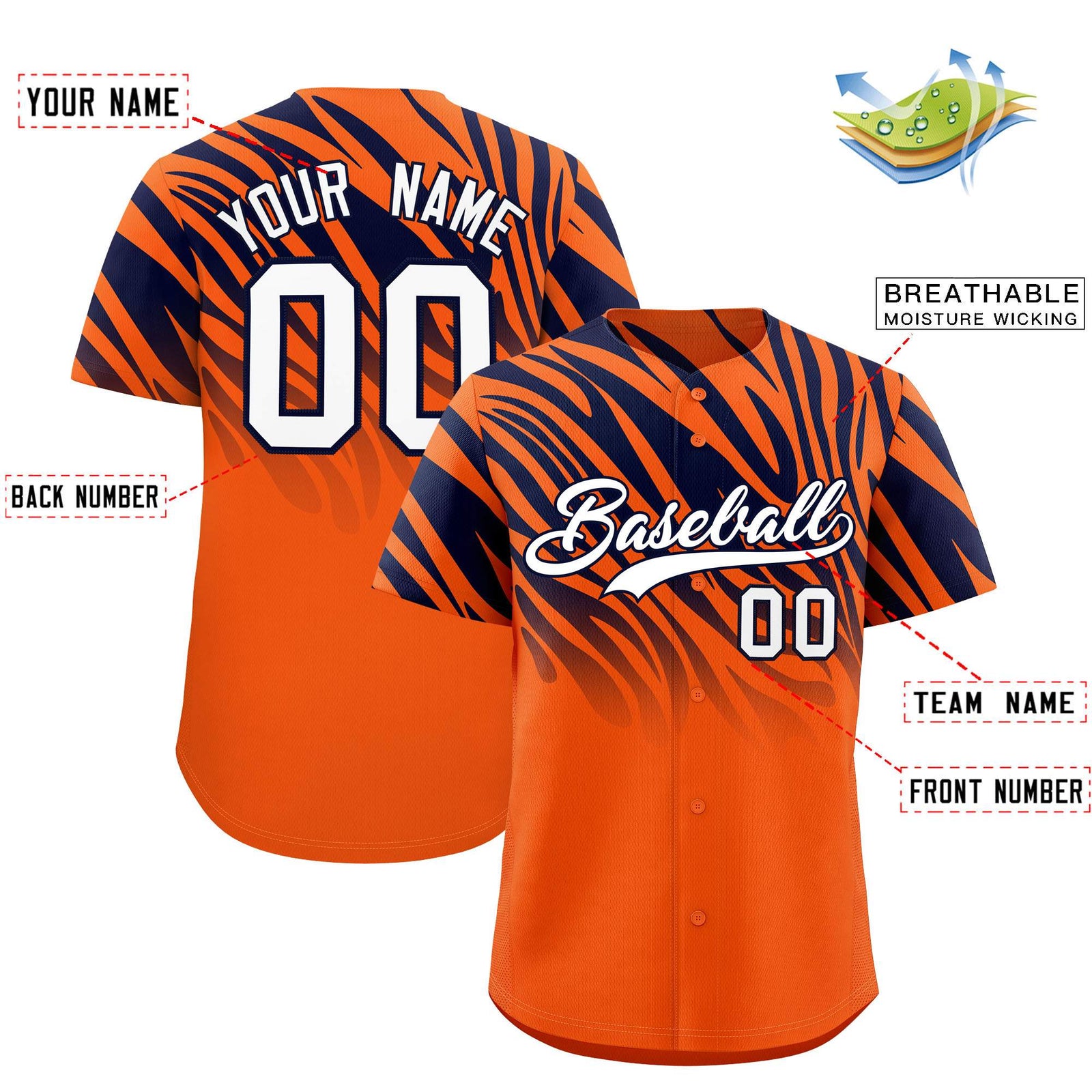 Custom Navy Orange Tiger Stripe Gradient Animal Print Personalized Team Shirt Baseball Jersey