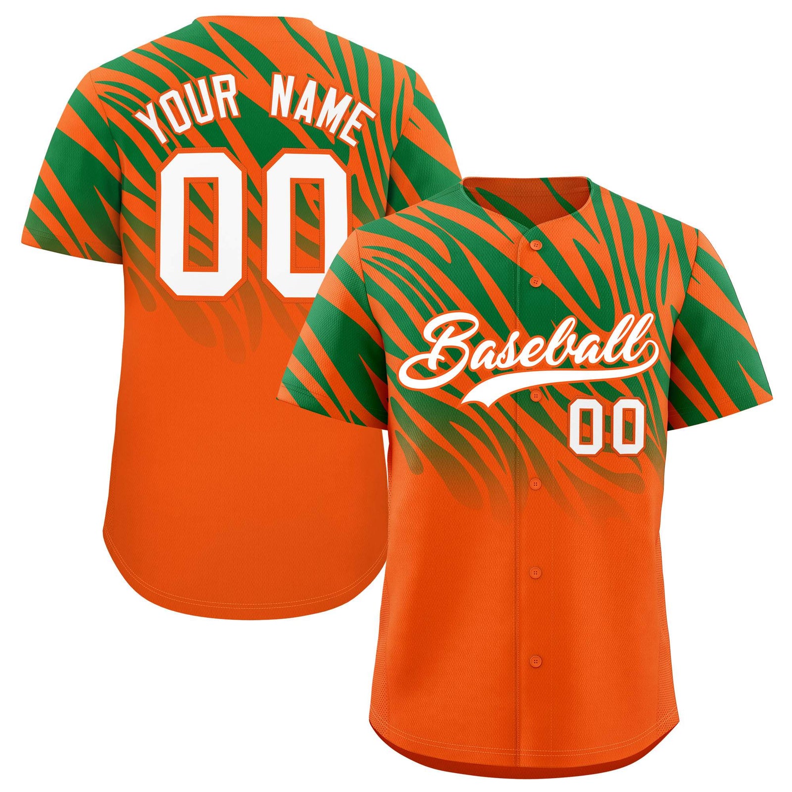 Custom Orange Kelly Green Tiger Stripe Gradient Animal Print Personalized Team Shirt Baseball Jersey