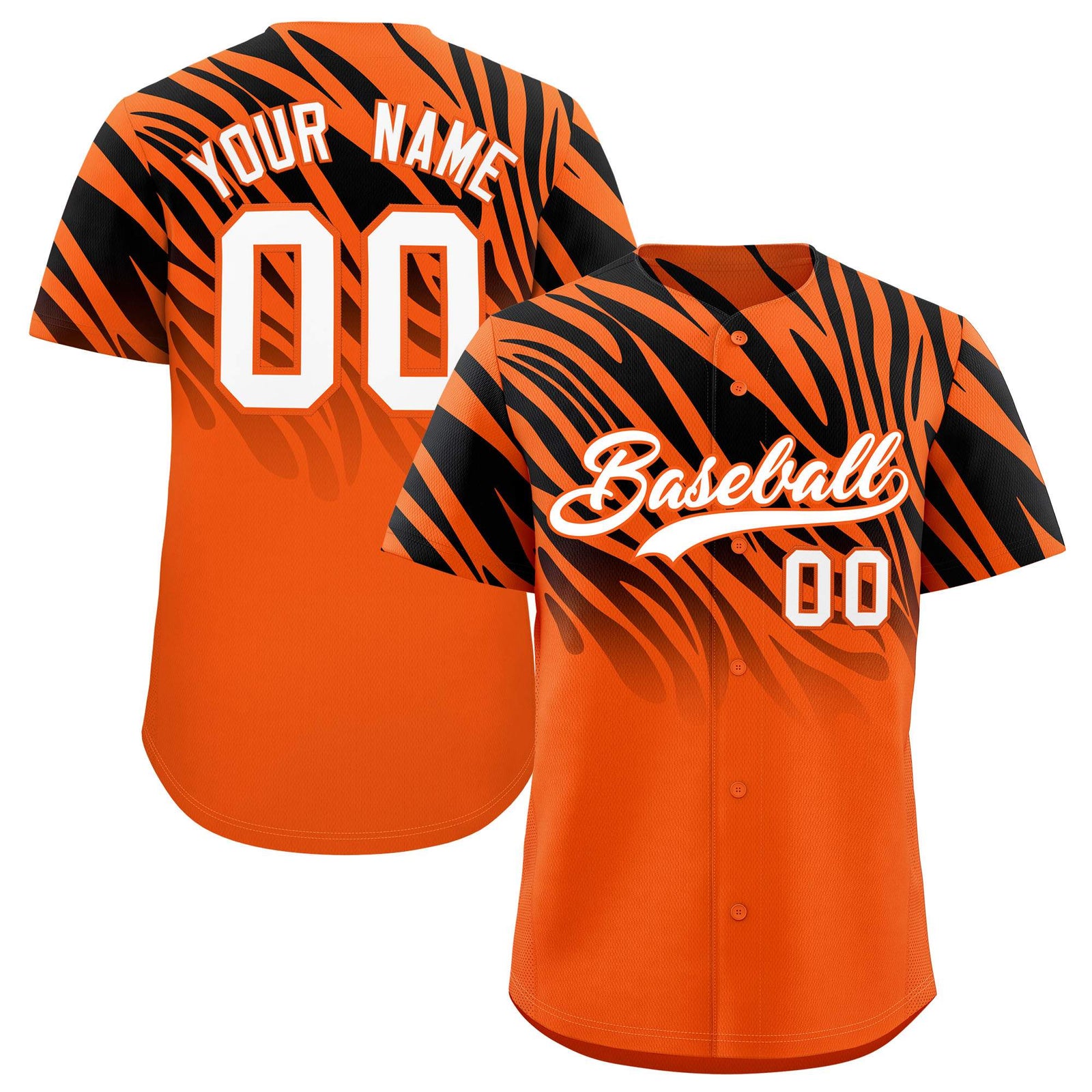 Custom Black Orange Tiger Stripe Gradient Animal Print Personalized Team Shirt Baseball Jersey
