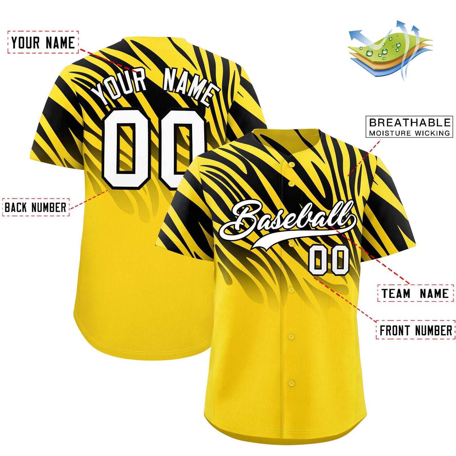 Custom Gold Black Tiger Stripe Gradient Animal Print Personalized Team Shirt Baseball Jersey