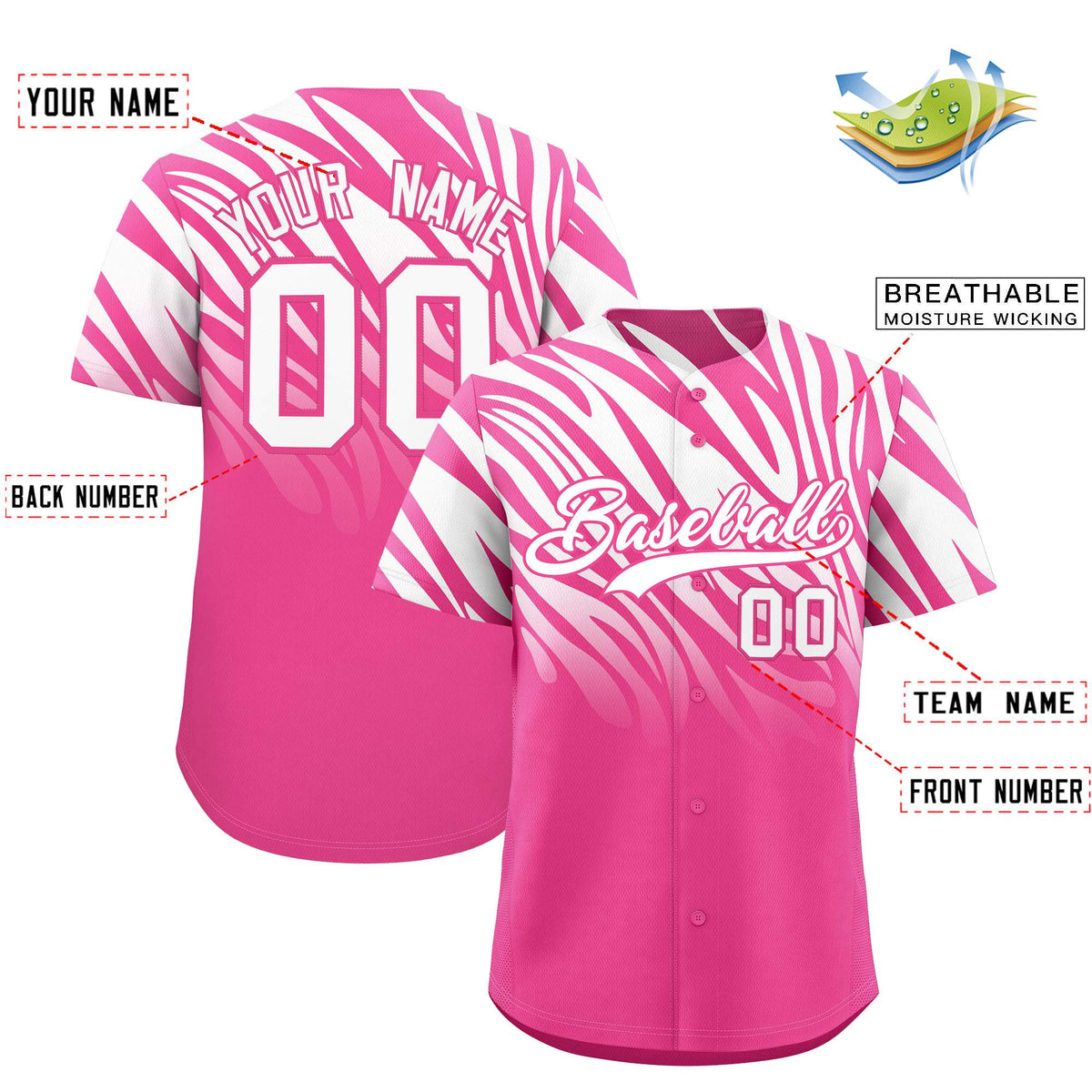 Custom Pink White Tiger Stripe Gradient Animal Print Personalized Team Shirt Baseball Jersey