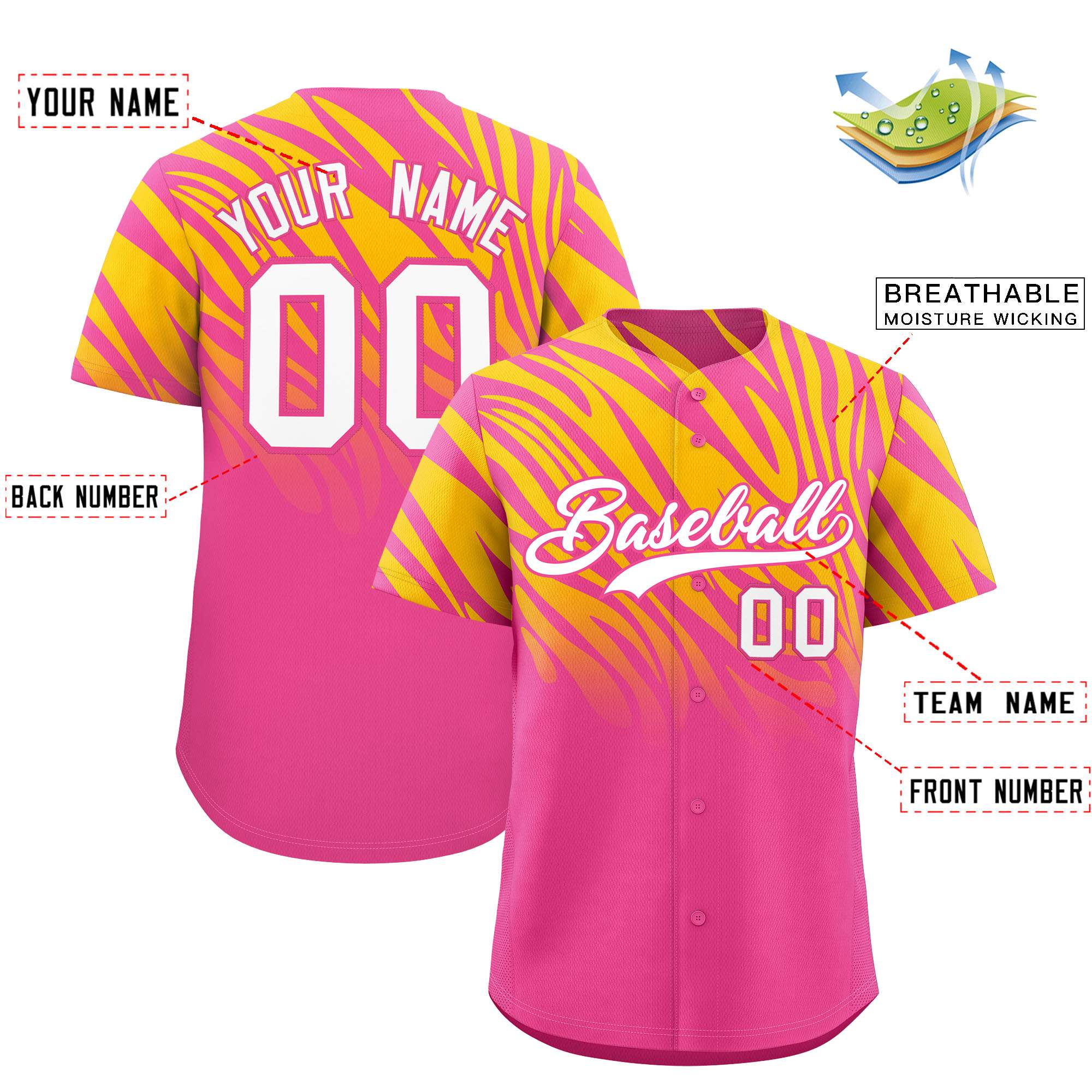 Custom Pink Gold Tiger Stripe Gradient Animal Print Personalized Team Shirt Baseball Jersey