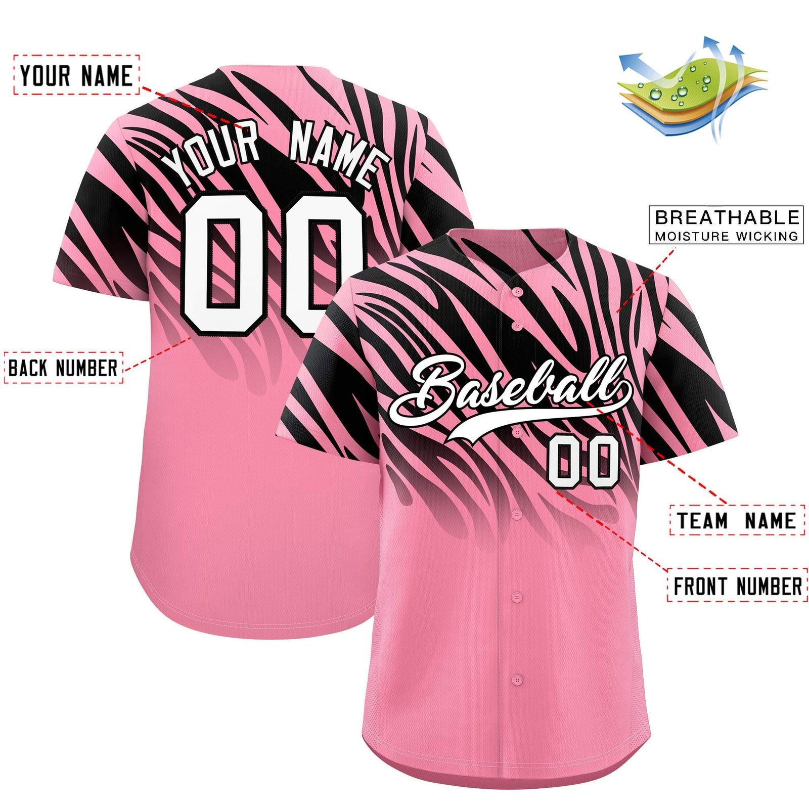Custom Light Pink Black Tiger Stripe Gradient Animal Print Personalized Team Shirt Baseball Jersey