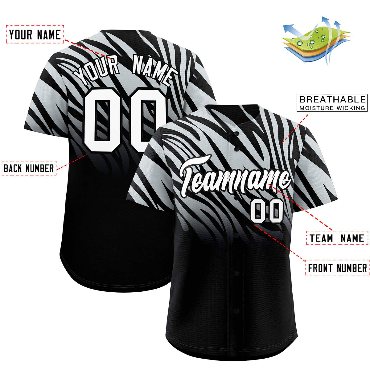 Custom Silver Black Tiger Stripe Gradient Animal Print Personalized Team Shirt Baseball Jersey