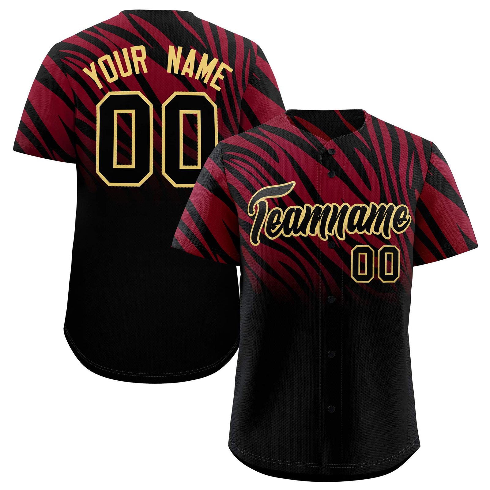 Custom Crimson Black Tiger Stripe Gradient Animal Print Personalized Team Shirt Baseball Jersey