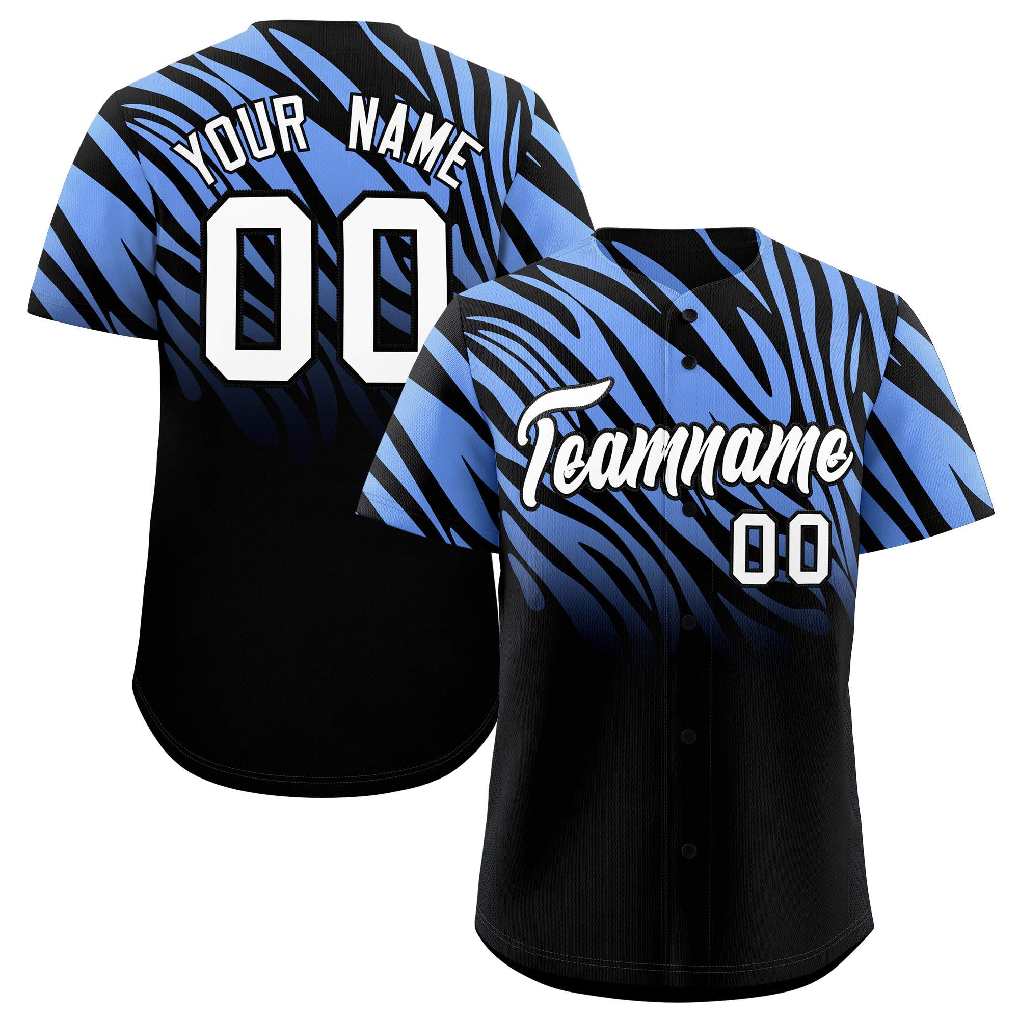 Custom Light Blue Black Tiger Stripe Gradient Animal Print Personalized Team Shirt Baseball Jersey