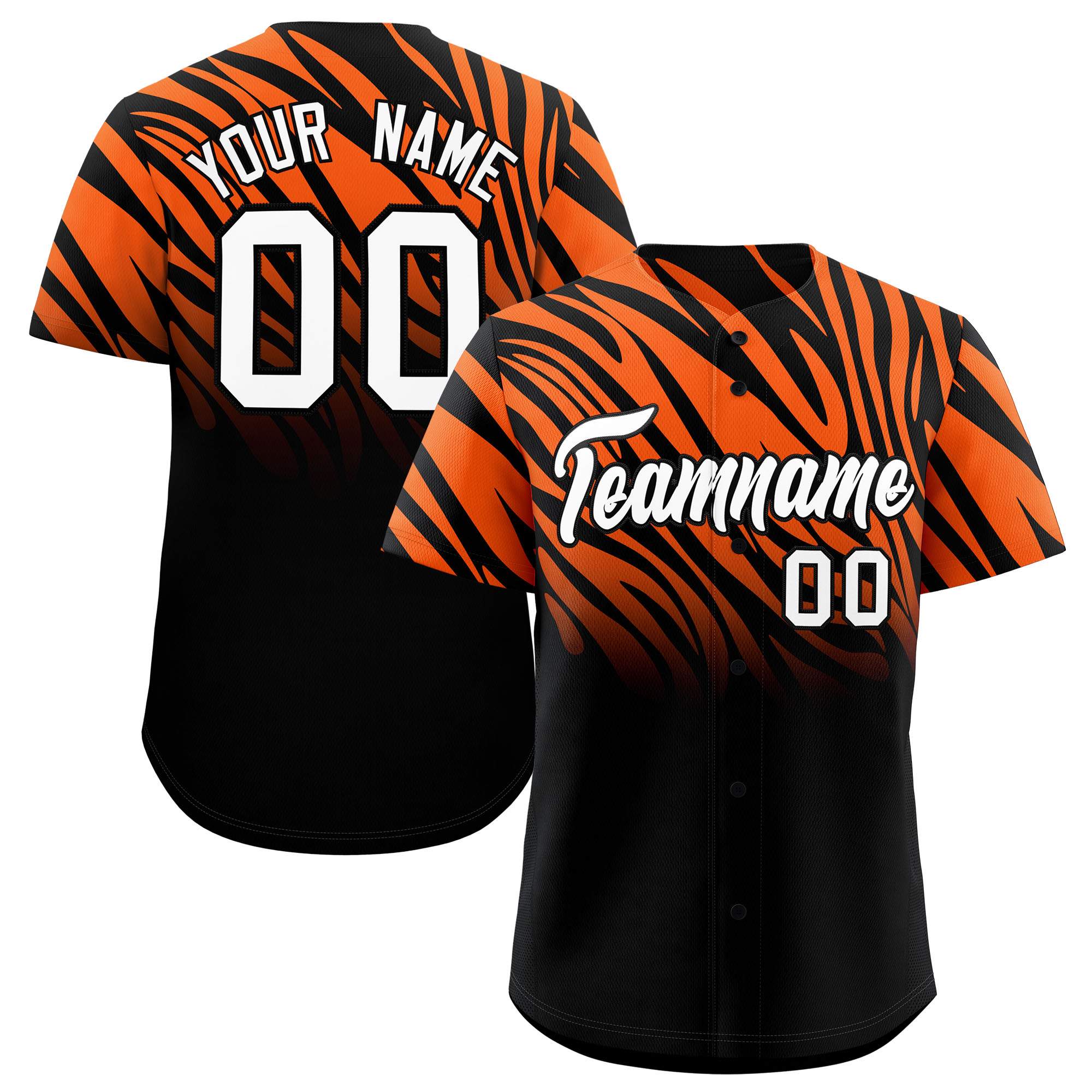 Custom Orange Black Tiger Stripe Gradient Animal Print Personalized Team Shirt Baseball Jersey
