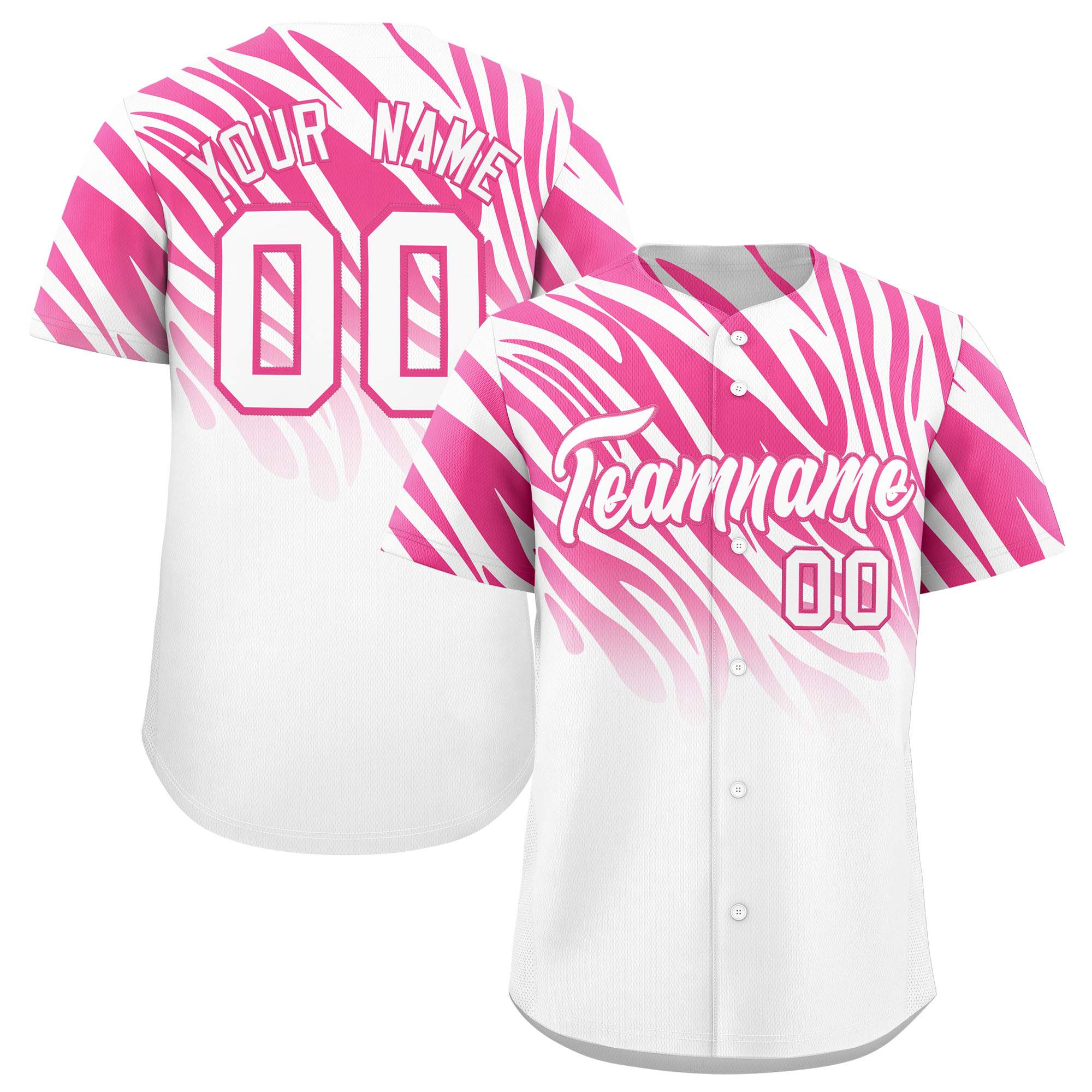 Custom Pink White Tiger Stripe Gradient Animal Print Personalized Team Shirt Baseball Jersey