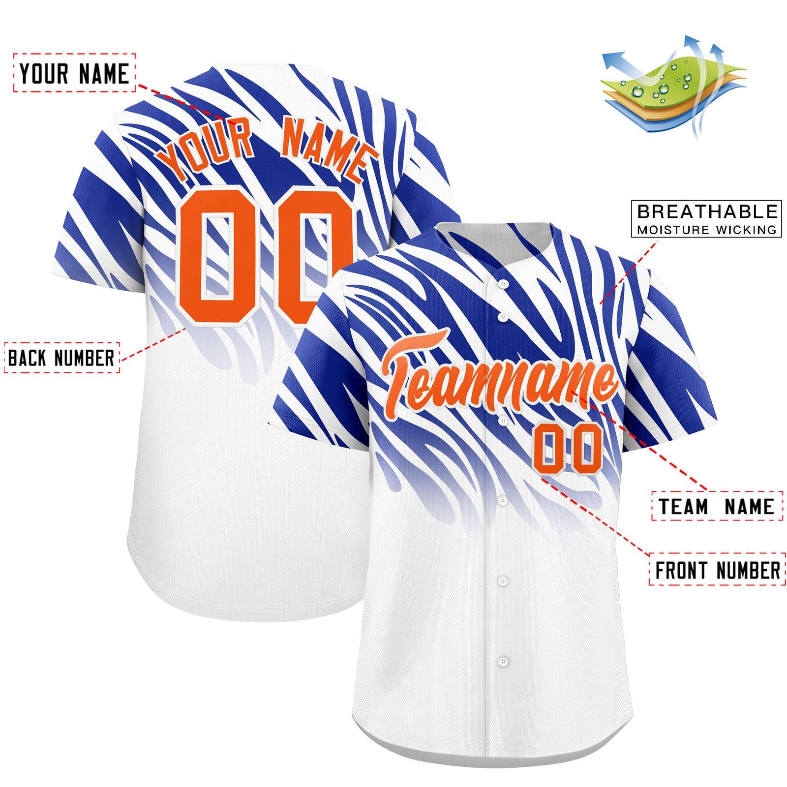 Custom Royal White Tiger Stripe Gradient Animal Print Personalized Team Shirt Baseball Jersey