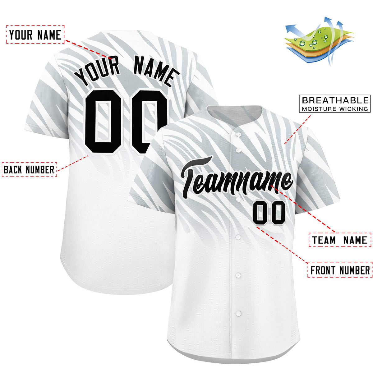 Custom Silver White Tiger Stripe Gradient Animal Print Personalized Team Shirt Baseball Jersey