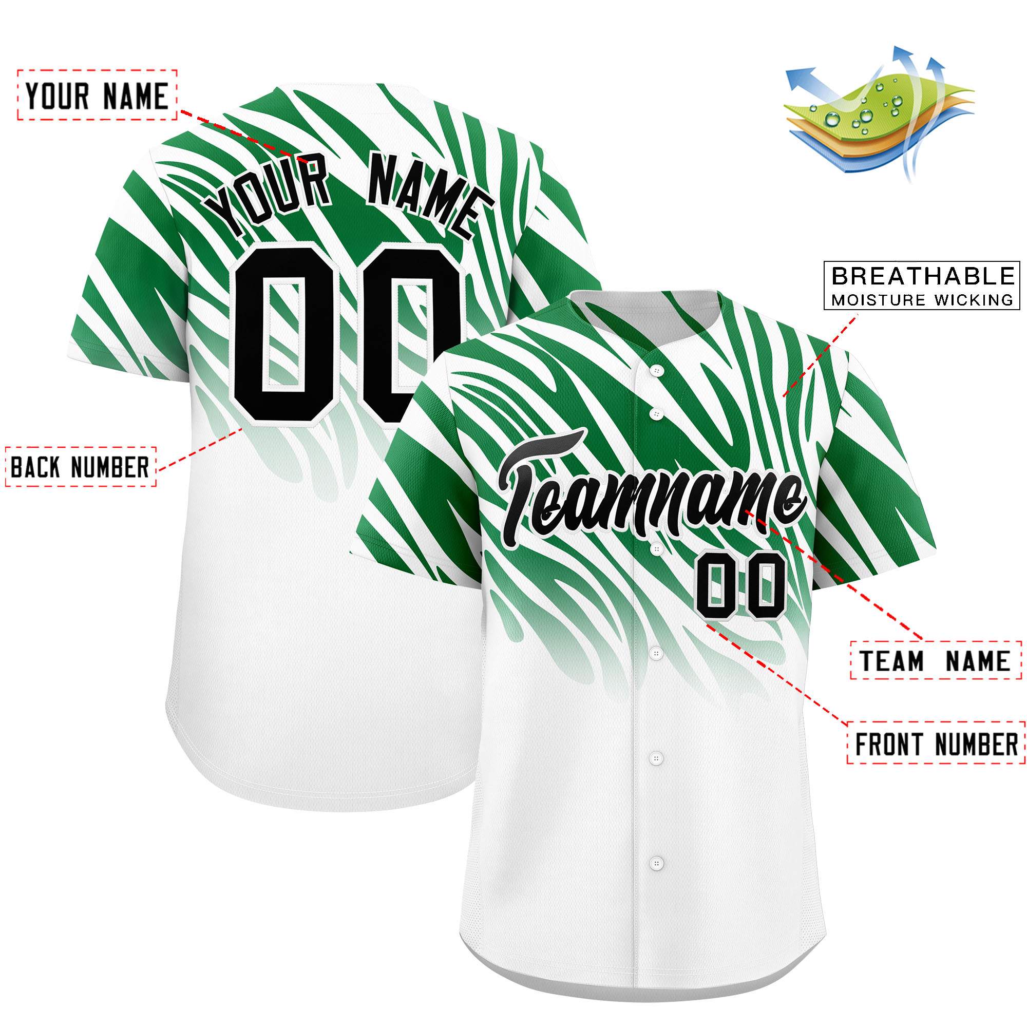 Custom Kelly Green White Tiger Stripe Gradient Animal Print Personalized Team Shirt Baseball Jersey