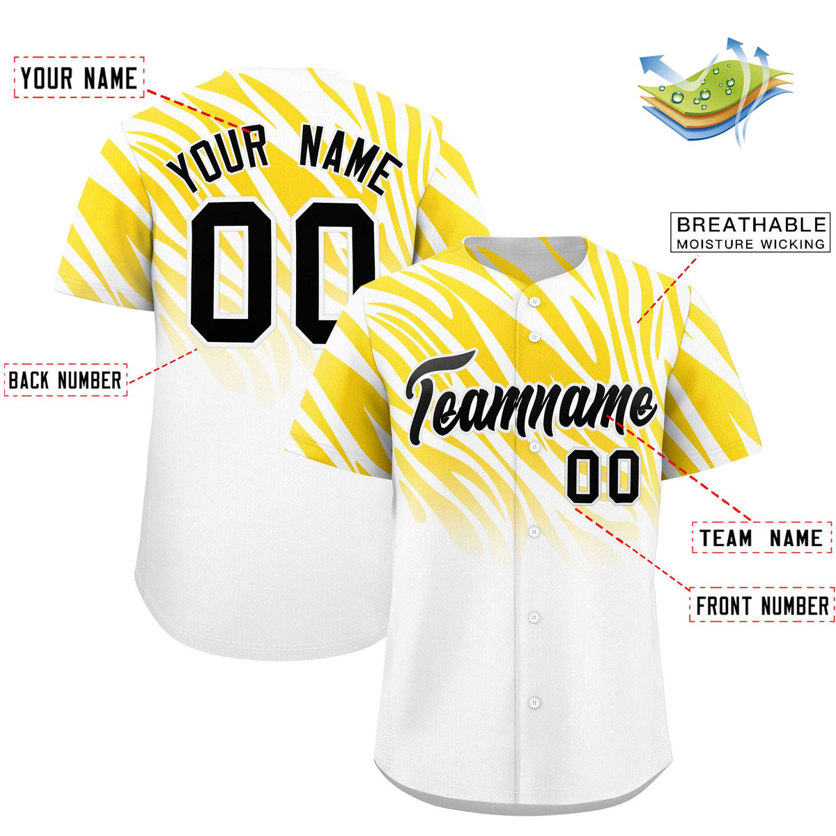 Custom Gold White Tiger Stripe Gradient Animal Print Personalized Team Shirt Baseball Jersey
