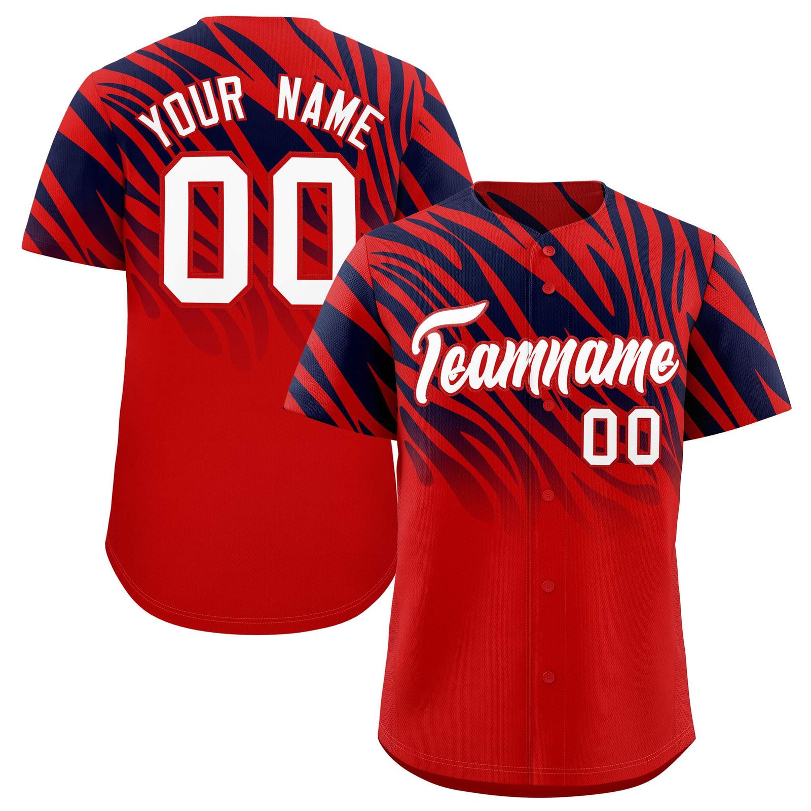 Custom Navy Red Tiger Stripe Gradient Animal Print Personalized Team Shirt Baseball Jersey