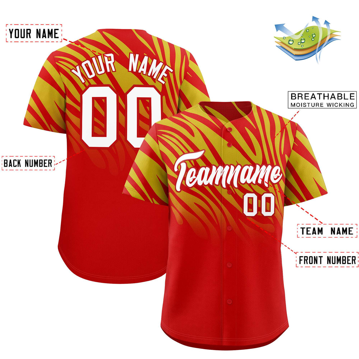 Custom Old Gold Red Tiger Stripe Gradient Animal Print Personalized Team Shirt Baseball Jersey