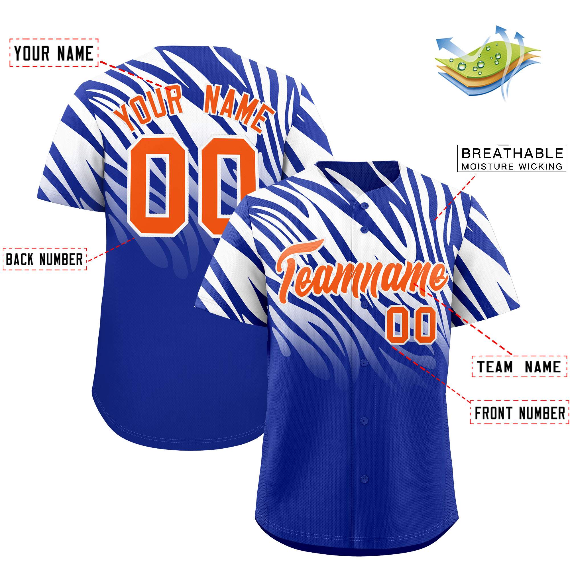 Custom Royal White Tiger Stripe Gradient Animal Print Personalized Team Shirt Baseball Jersey
