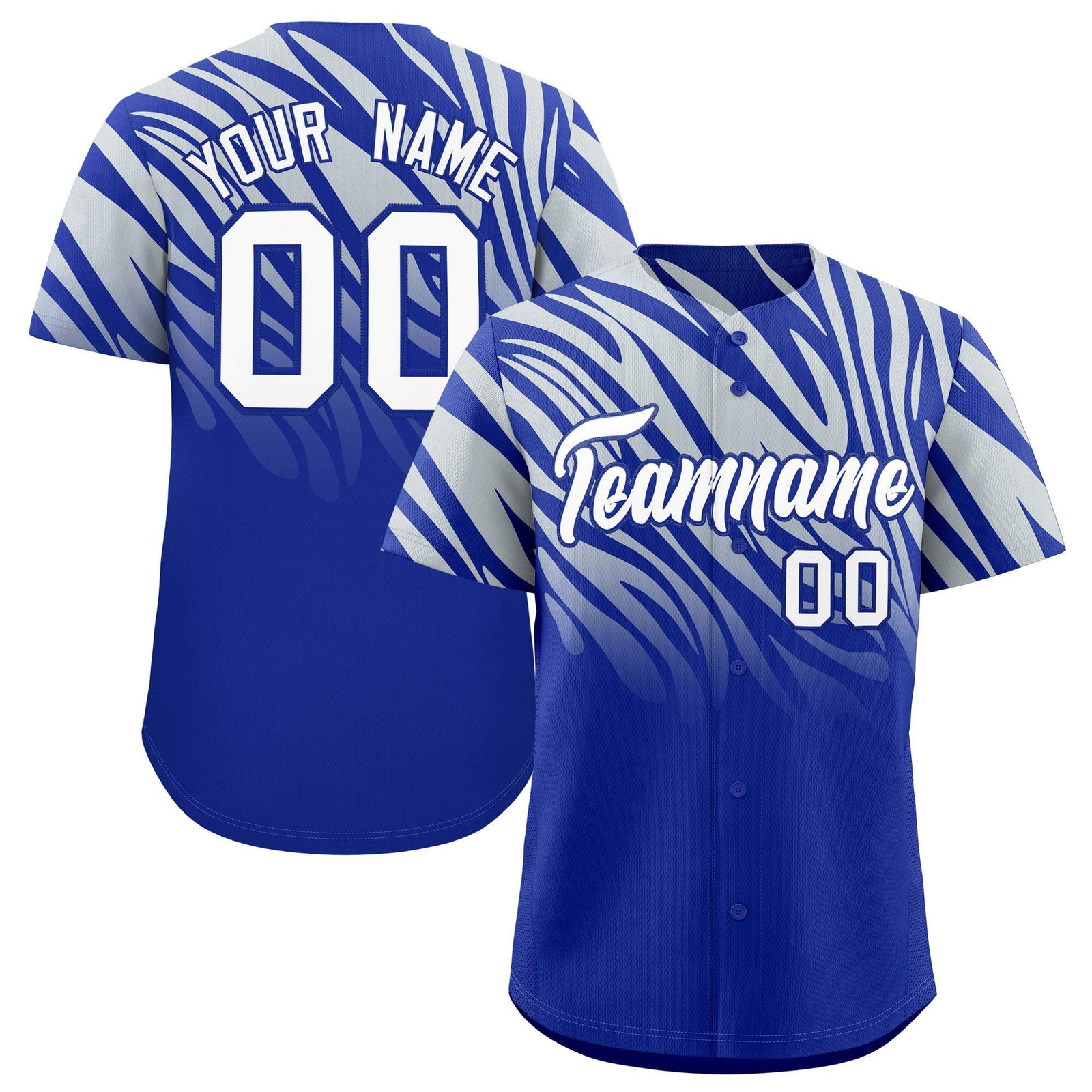 Custom Royal Silver Tiger Stripe Gradient Animal Print Personalized Team Shirt Baseball Jersey