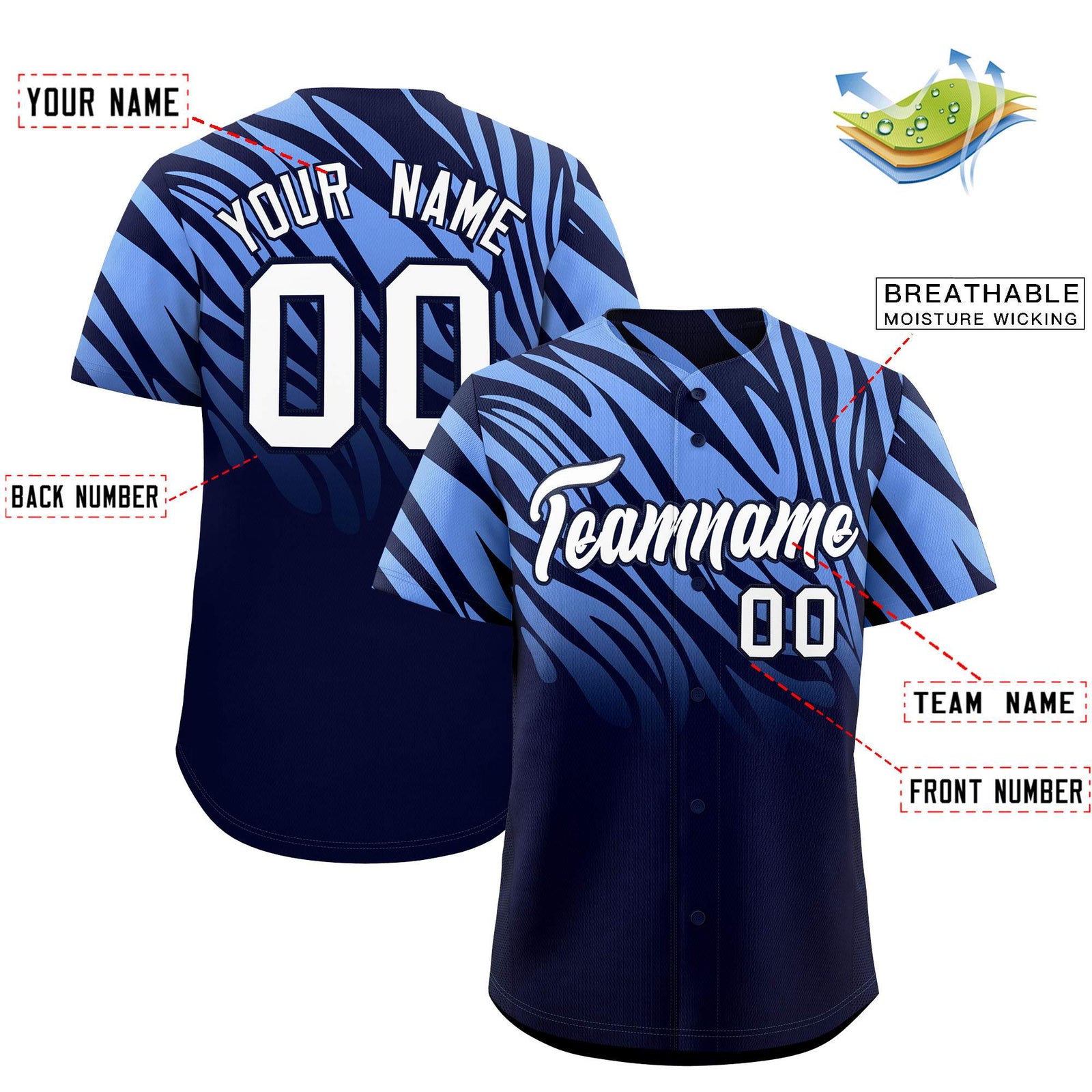 Custom Navy Light Blue Tiger Stripe Gradient Animal Print Personalized Team Shirt Baseball Jersey