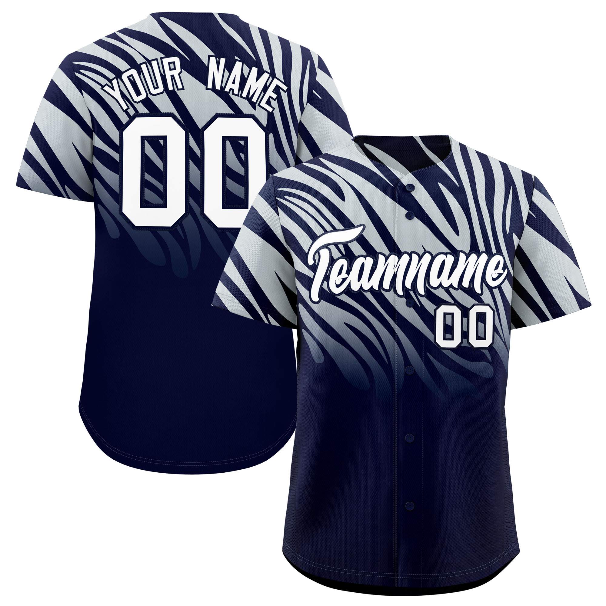 Custom Navy Silver Tiger Stripe Gradient Animal Print Personalized Team Shirt Baseball Jersey