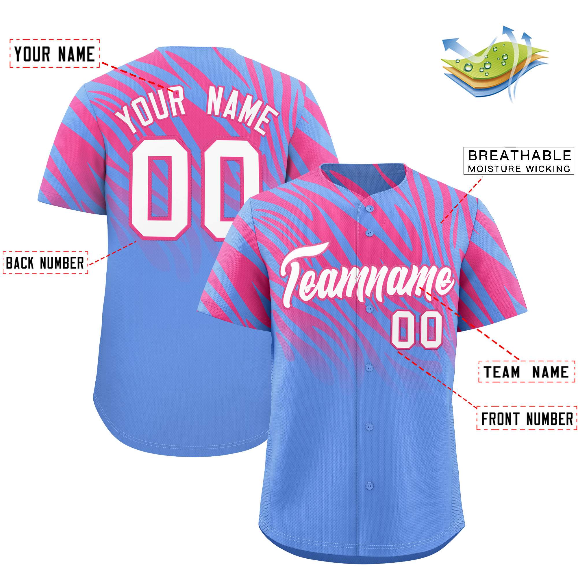 Custom Pink Light Blue Tiger Stripe Gradient Animal Print Personalized Team Shirt Baseball Jersey