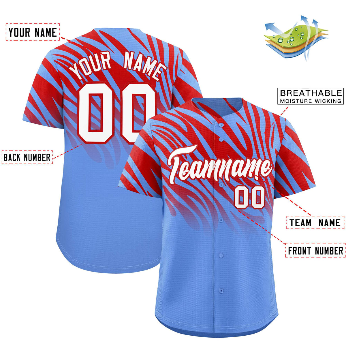 Custom Red Light Blue Tiger Stripe Gradient Animal Print Personalized Team Shirt Baseball Jersey