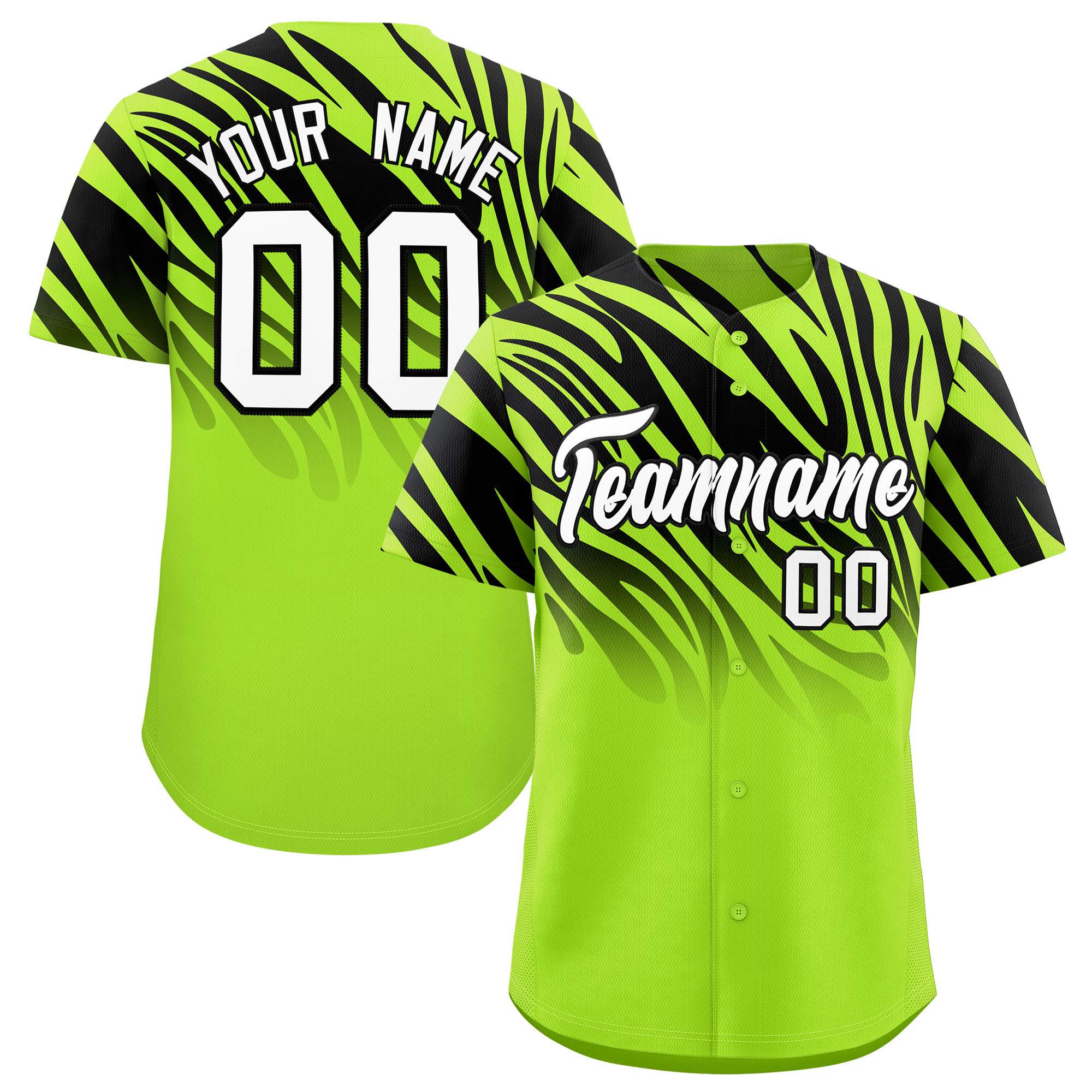Custom Neon Green Black Tiger Stripe Gradient Animal Print Personalized Team Shirt Baseball Jersey