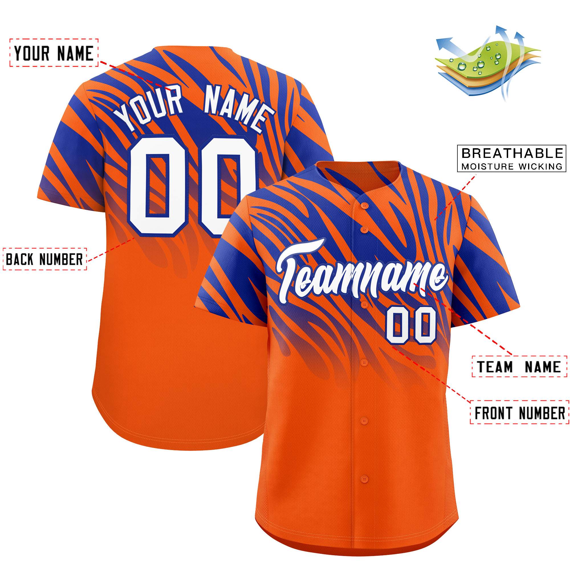 Custom Orange Royal Tiger Stripe Gradient Animal Print Personalized Team Shirt Baseball Jersey
