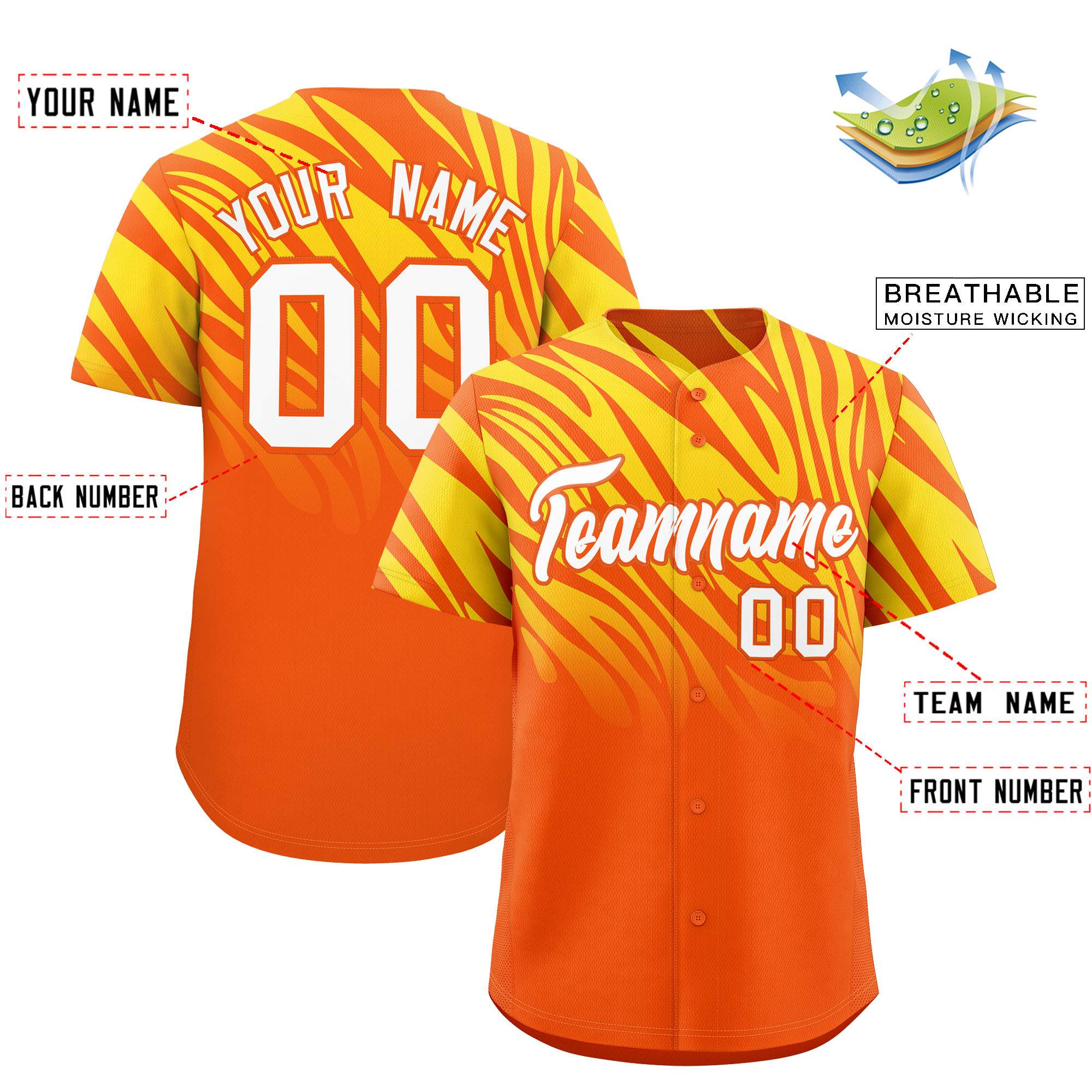 Custom Orange Gold Tiger Stripe Gradient Animal Print Personalized Team Shirt Baseball Jersey