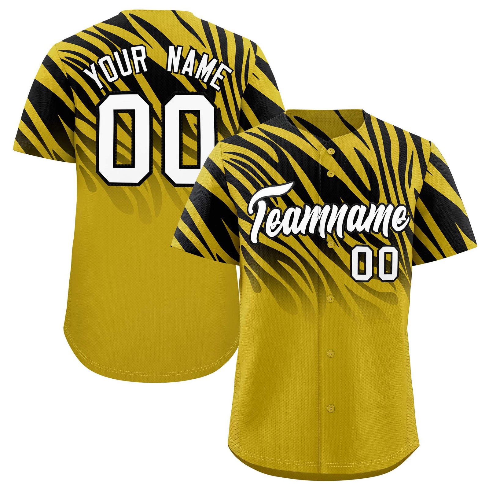 Custom Black Old Gold Tiger Stripe Gradient Animal Print Personalized Team Shirt Baseball Jersey