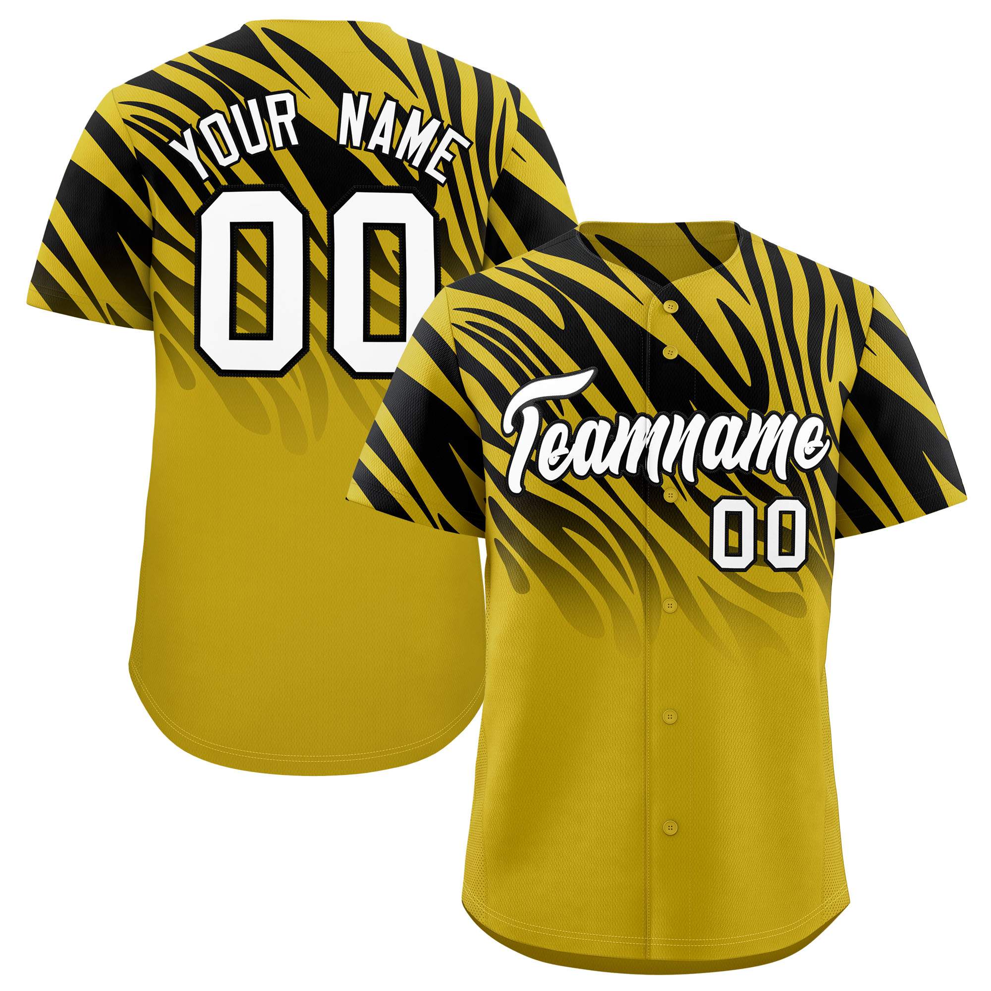Custom Black Old Gold Tiger Stripe Gradient Animal Print Personalized Team Shirt Baseball Jersey