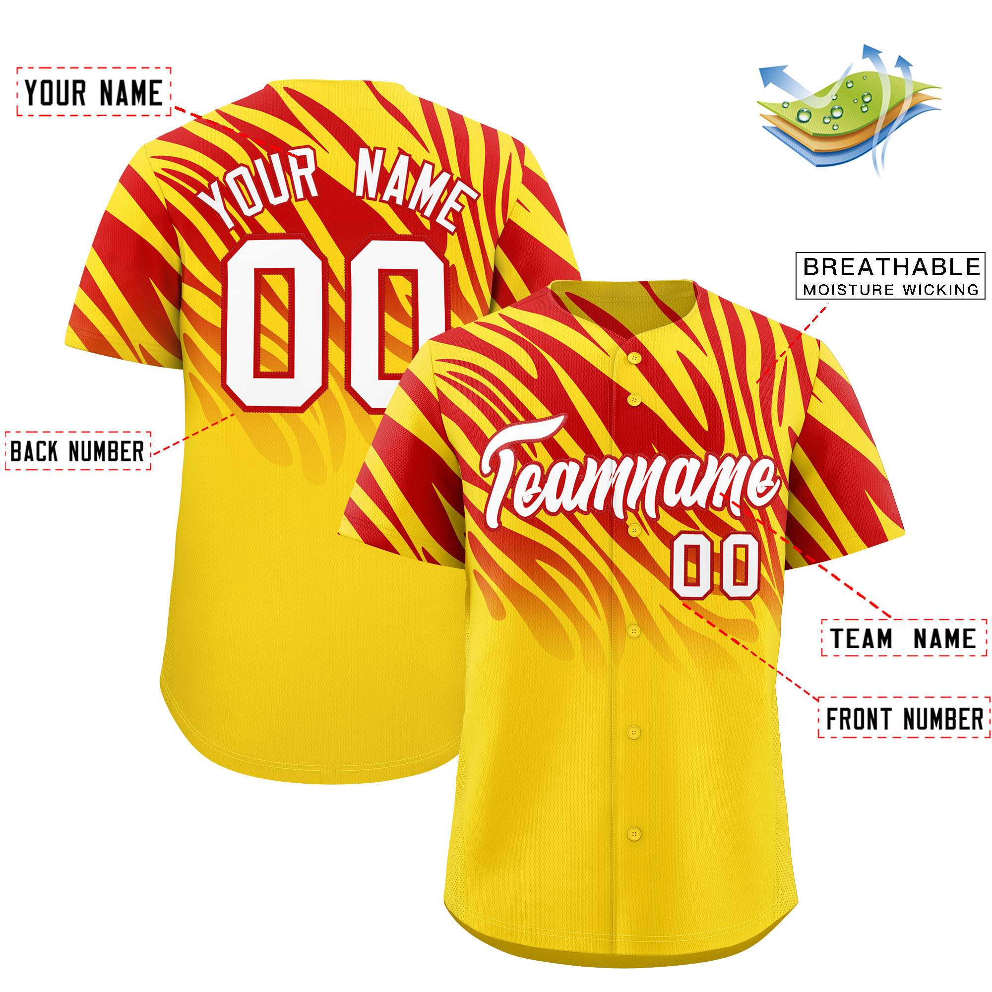 Custom Gold Red Tiger Stripe Gradient Animal Print Personalized Team Shirt Baseball Jersey